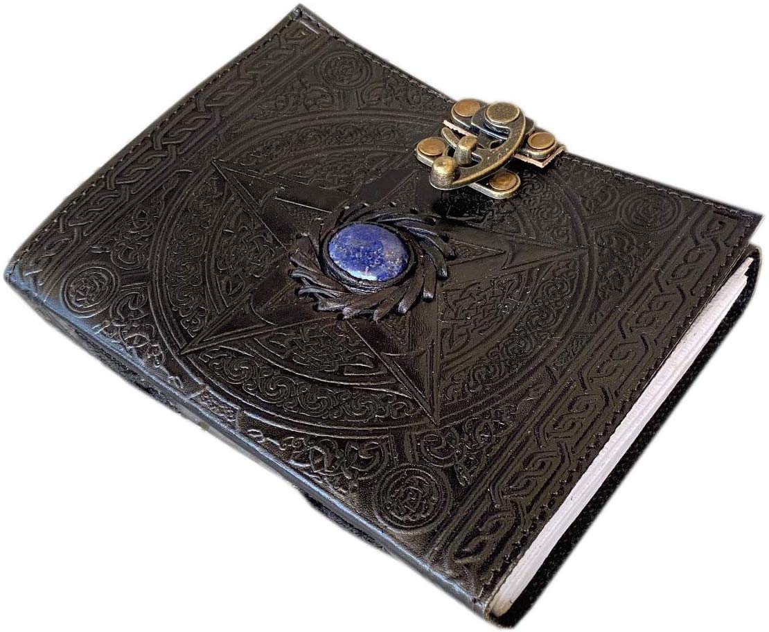 Wiccan leather journal black pentagram embossed blank spell book of