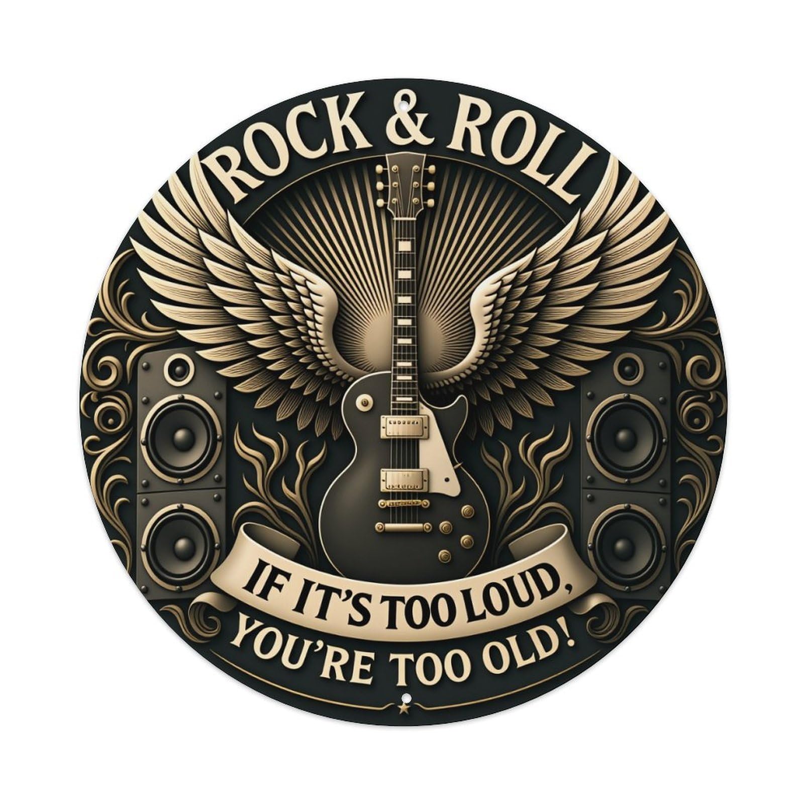 Ndieha Vintage Rock And Roll Guitar Wings Round Tin Sign Metal Poster Retro Bar, Home, Man Cave, Kitchen, Laundry Room Wall Art Decor Gift 8X8inch