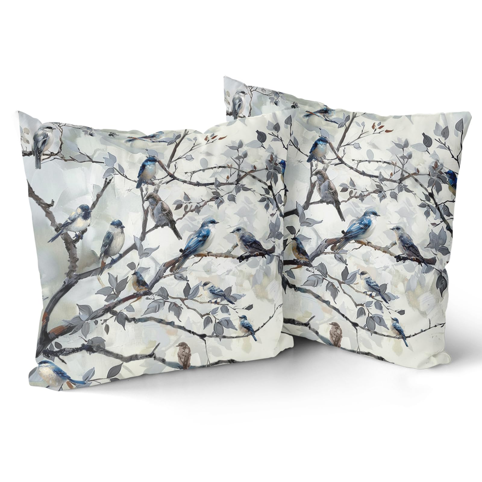 Giwawa Bird Throw Pillow Covers - 18 x 18 Inch Watercolor Blue Birds Pillow Case Vintage Leaves Ink Painting Farmhouse Pillow Cover Decorative Cushion