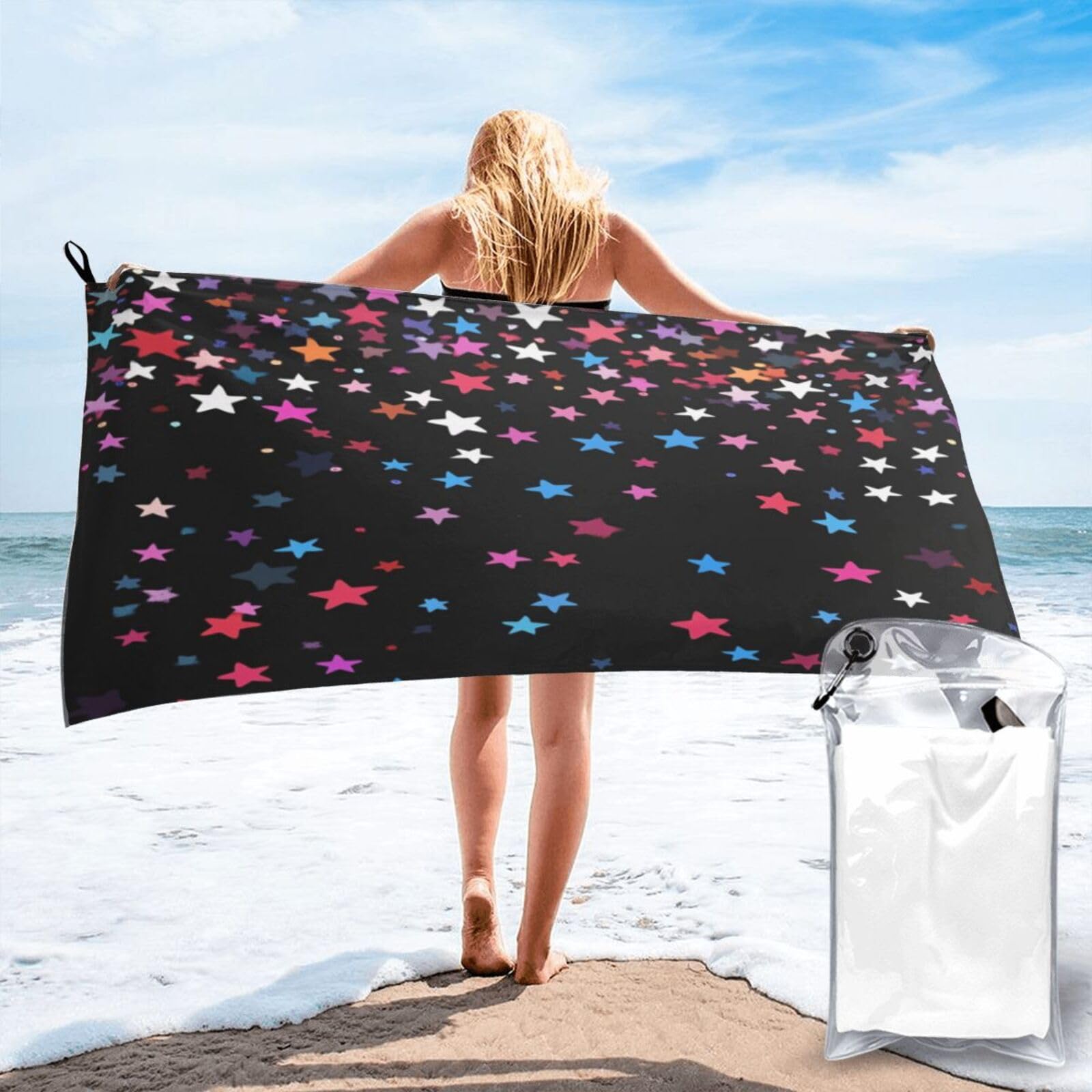 Anceky Colorful Stars On Black Background Quick Dry Microfiber Travel Towel with Carry Case and Carabiner 31.5"X63"