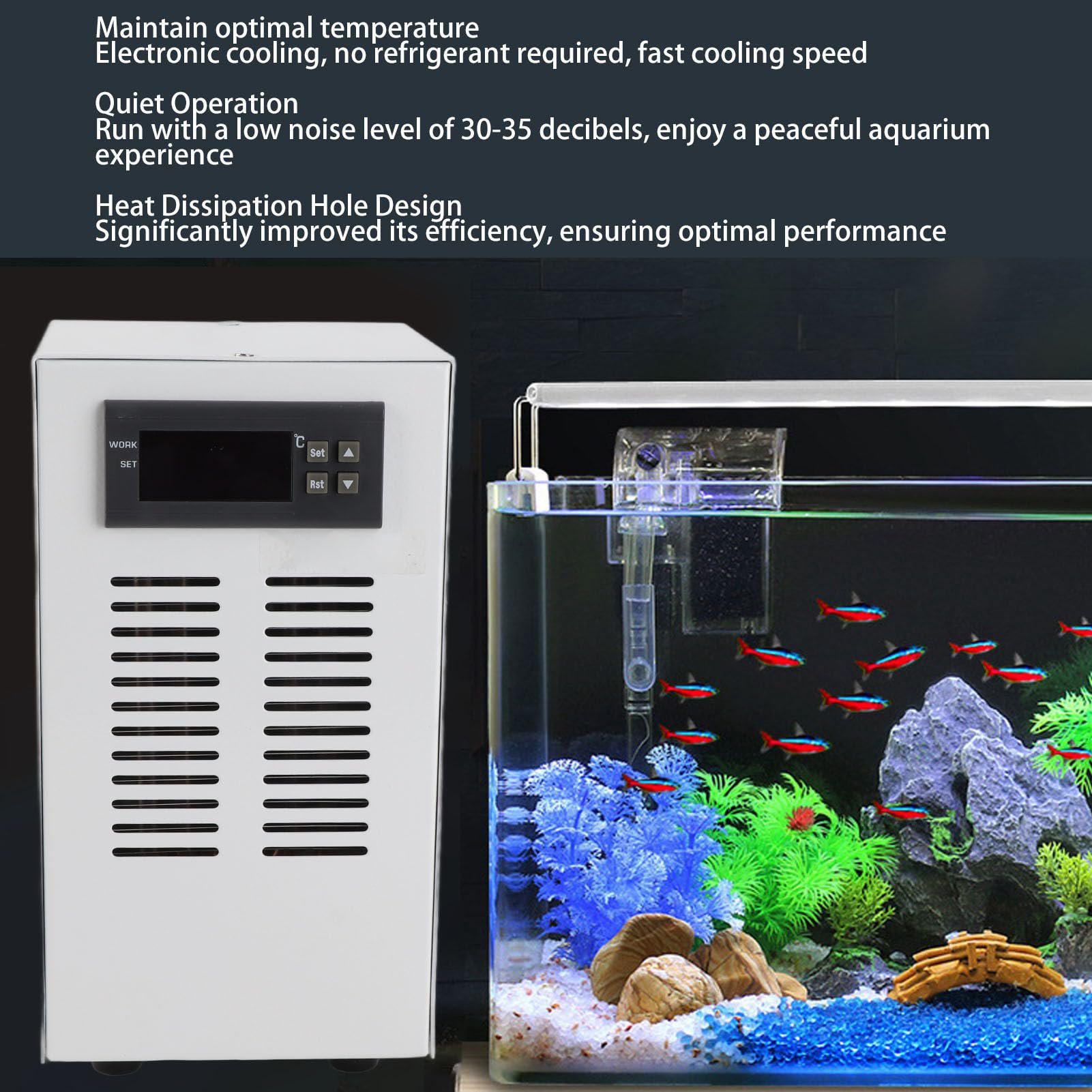 FTVOGUE Raffreddatore per Acquario, 72W, Regolatore di Temperatura Elettronico, Acciaio Legato, capacità 20 Litri, Funzionamento Silenzioso, con Pompa e Tubo Flessibile