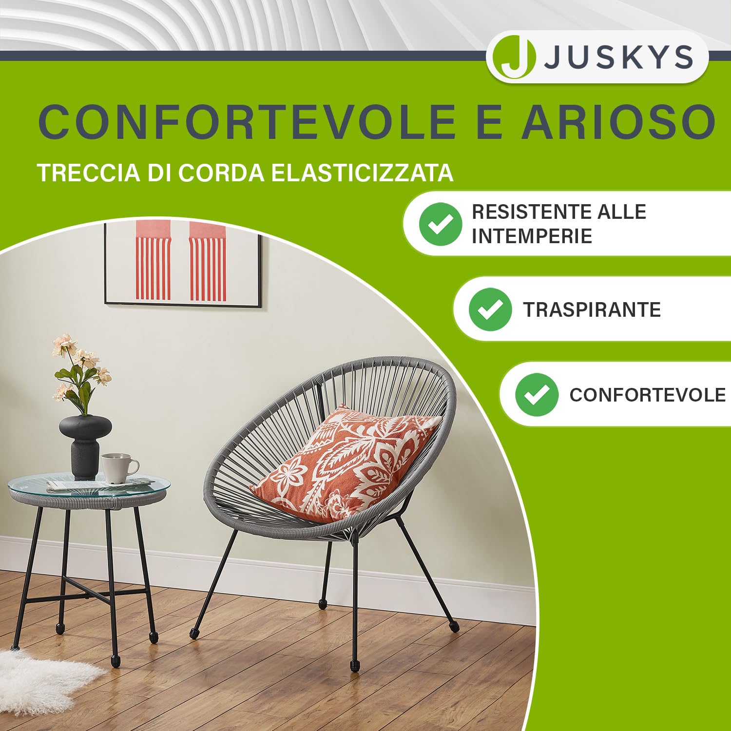 Juskys Set di mobili da balcone Ostana 3 pezzi - Tavolo e 2 poltrone - Elegante gruppo di seduta per balcone, terrazza e giardino - Set di mobili da giardino per balcone Grigio chiaro