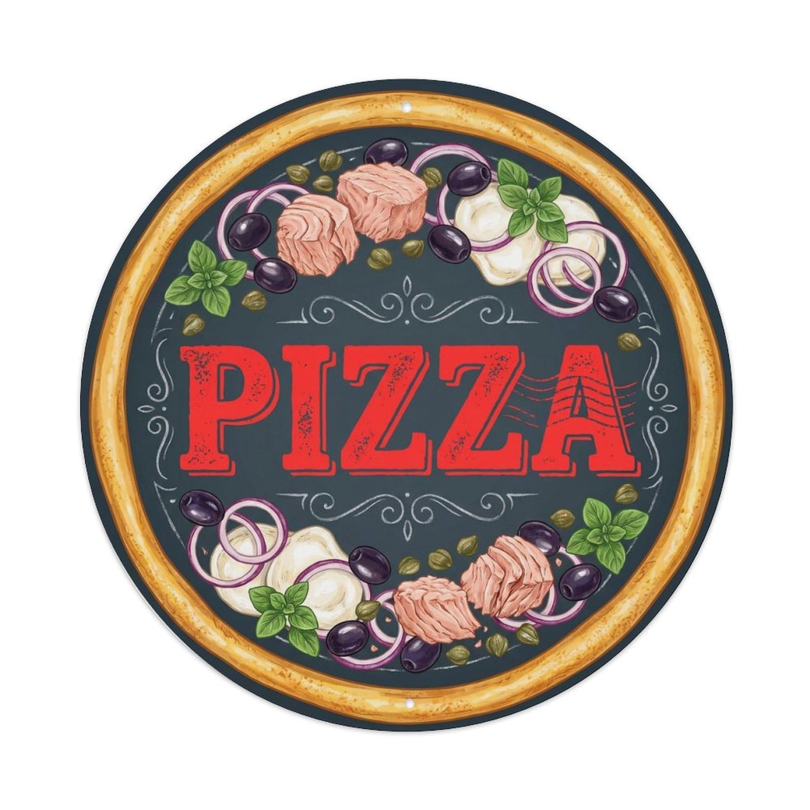Yrnq 8X8inch Vintage Style Vintage Pizza Tuna Olive Caper Food Decoration Metal Tin Sign