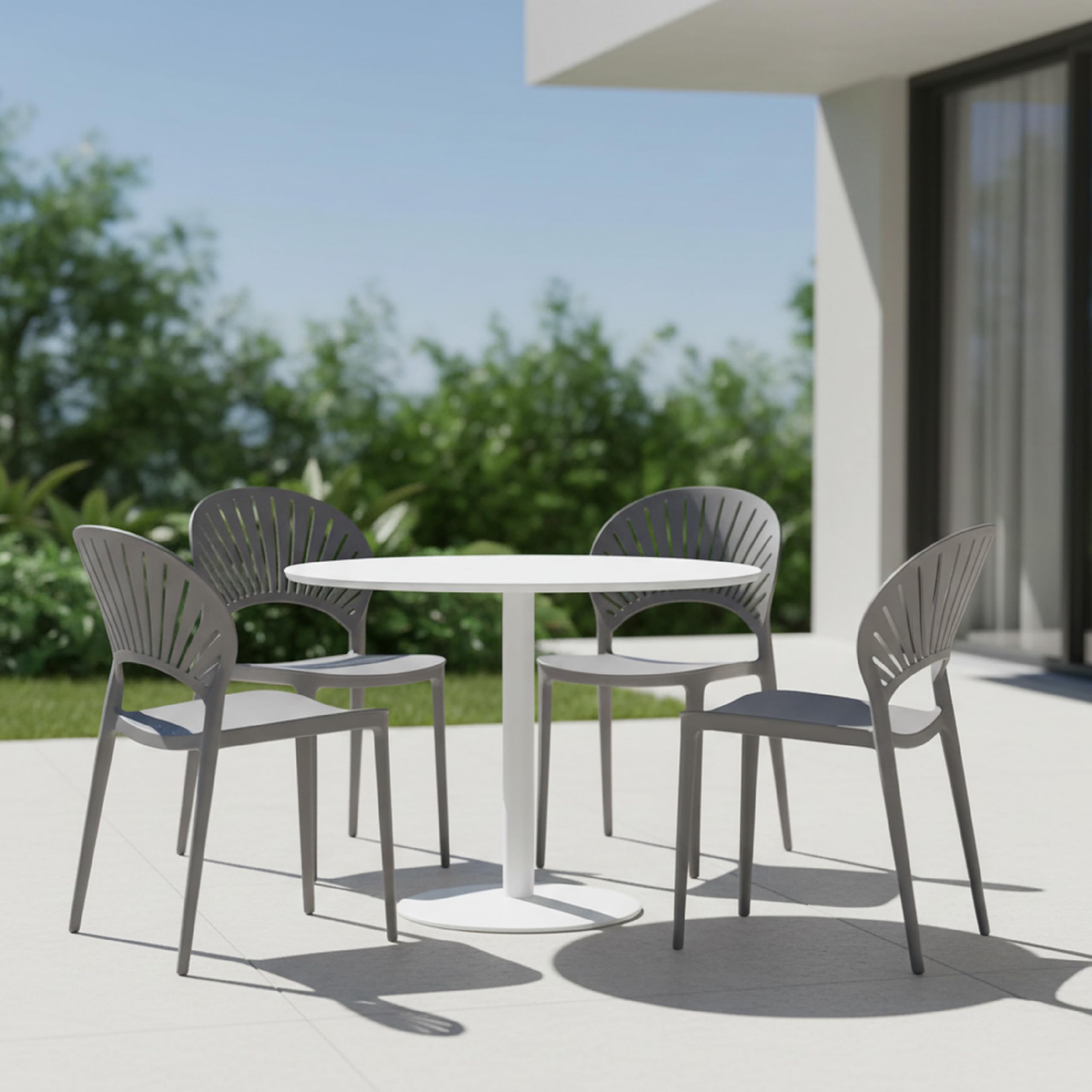 Baroni Home Juego de 4 sillas de plástico apilables, sin montaje, fáciles de limpiar, con gomas antideslizantes, para cocina, salón, comedor, 36 x 37 x 72 cm, gris, respaldo grande con rayos