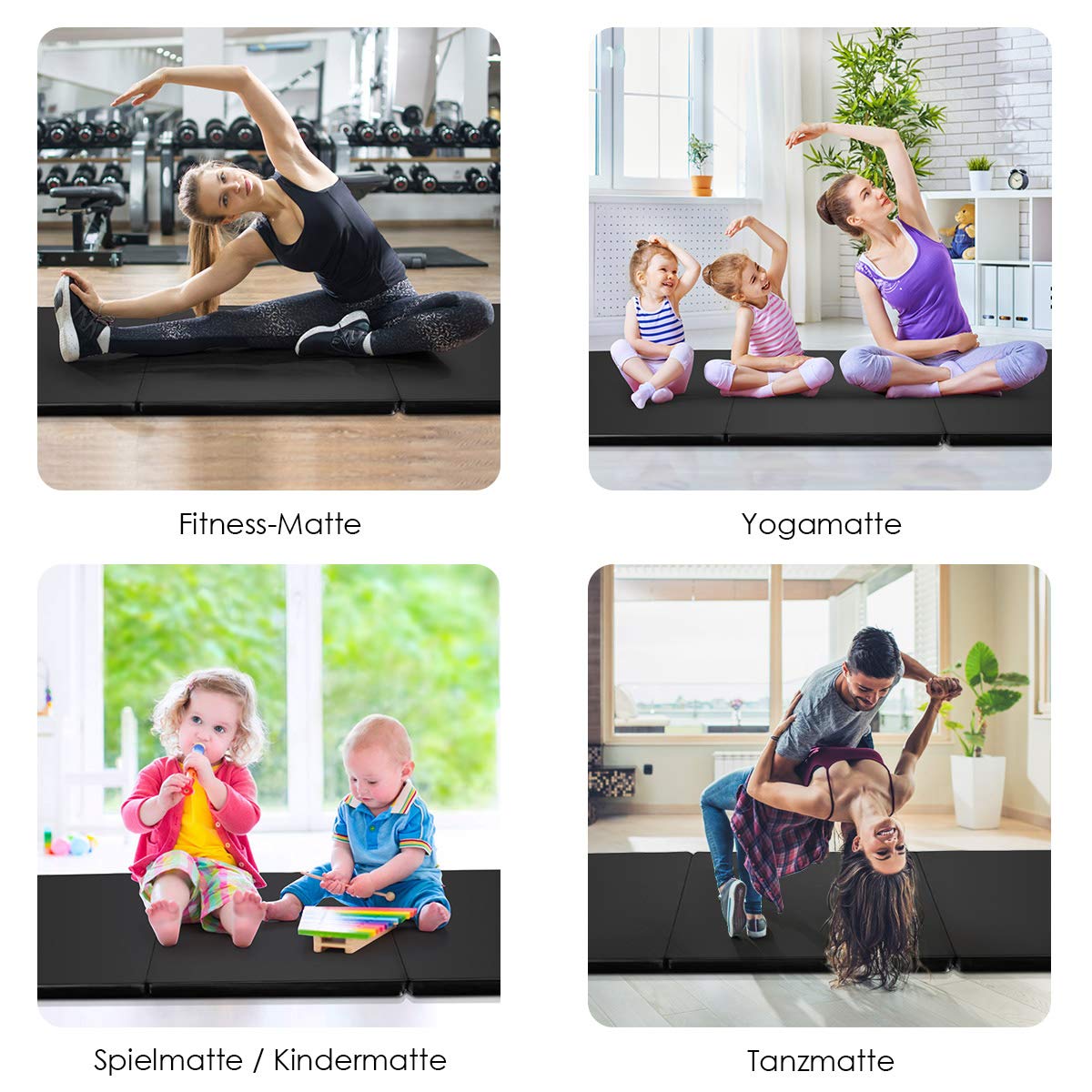 GOPLUS Esterilla de yoga antideslizante de 180 x 60 x 5 cm, con cierres de velcro y asas, plegable, de piel sintética, para entrenar gimnasia y yoga, color negro
