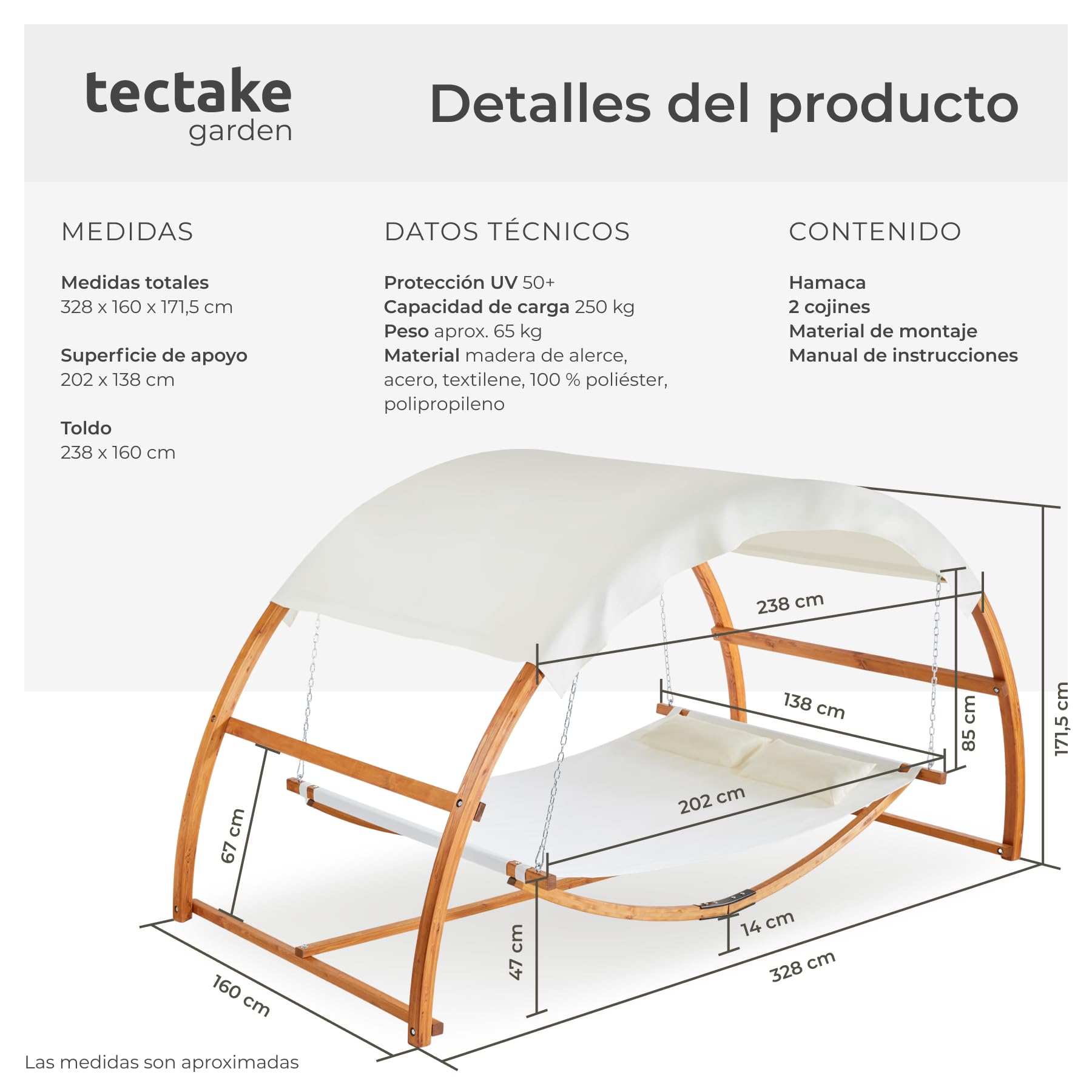 tectake® Hamaca Colgante para 2 Personas, Estructura de Madera Resistente con Techo, 2 Cojines Incluidos, Ideal para Jardín Terraza o Camping, 250 kg de Carga - 328 x 160 x 172 cm