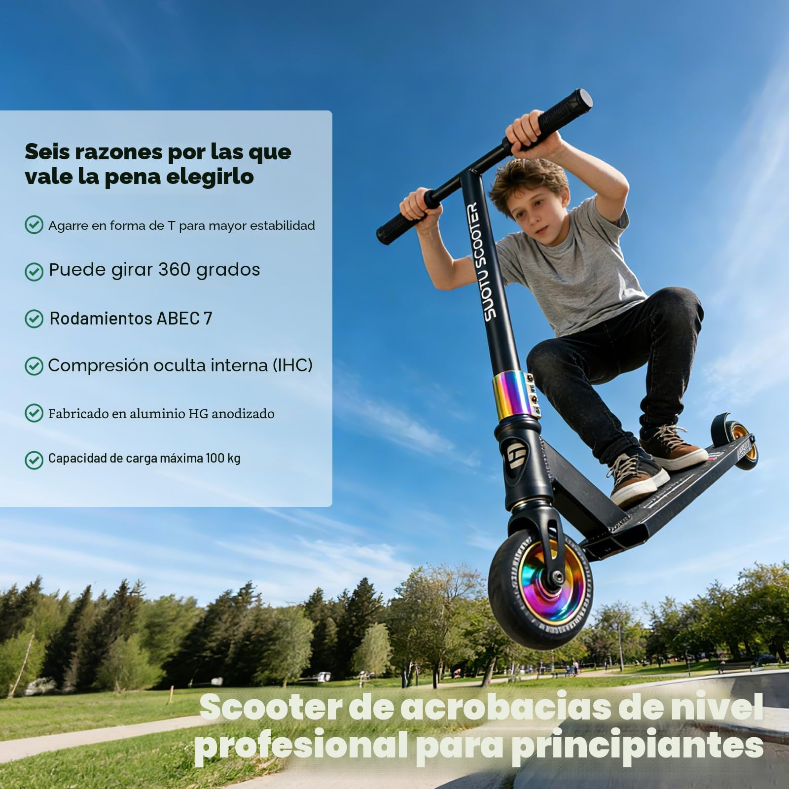 Patinete Freestyle, Dirección de 360°, Ruedas de PU de 85A 100 mm, Scooter Freestyle para Niños Adolescente y Adultos, Capacidad Máxima de Carga: 100 kg, Aluminio (Negro– Arcoíris)