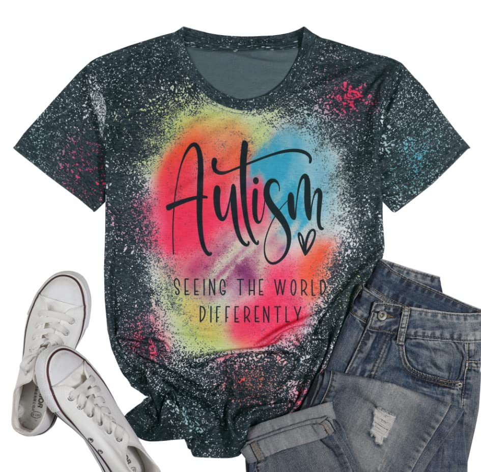 ASTANFY Autism Seeing The World Differently Shirt Women Bleached Autism Awareness Shirts Casual Inspirational Tee Tops
