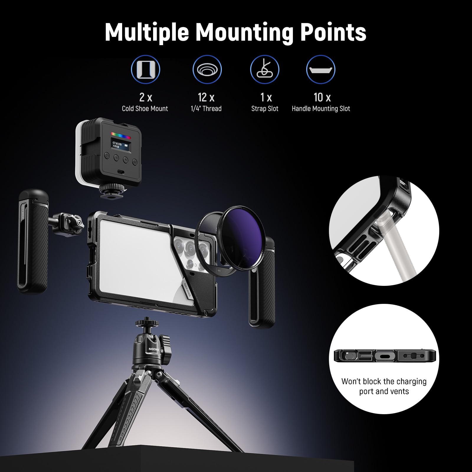 NEEWER Support de Téléphone Portable PA082 S25 Ultra avec 2 poignées, Adaptateur de Filtre 67mm,Plaque arrière d'objectif 17mm, Adaptateur de Monture en T, Compatible avec Samsung Galaxy S25 Ultra