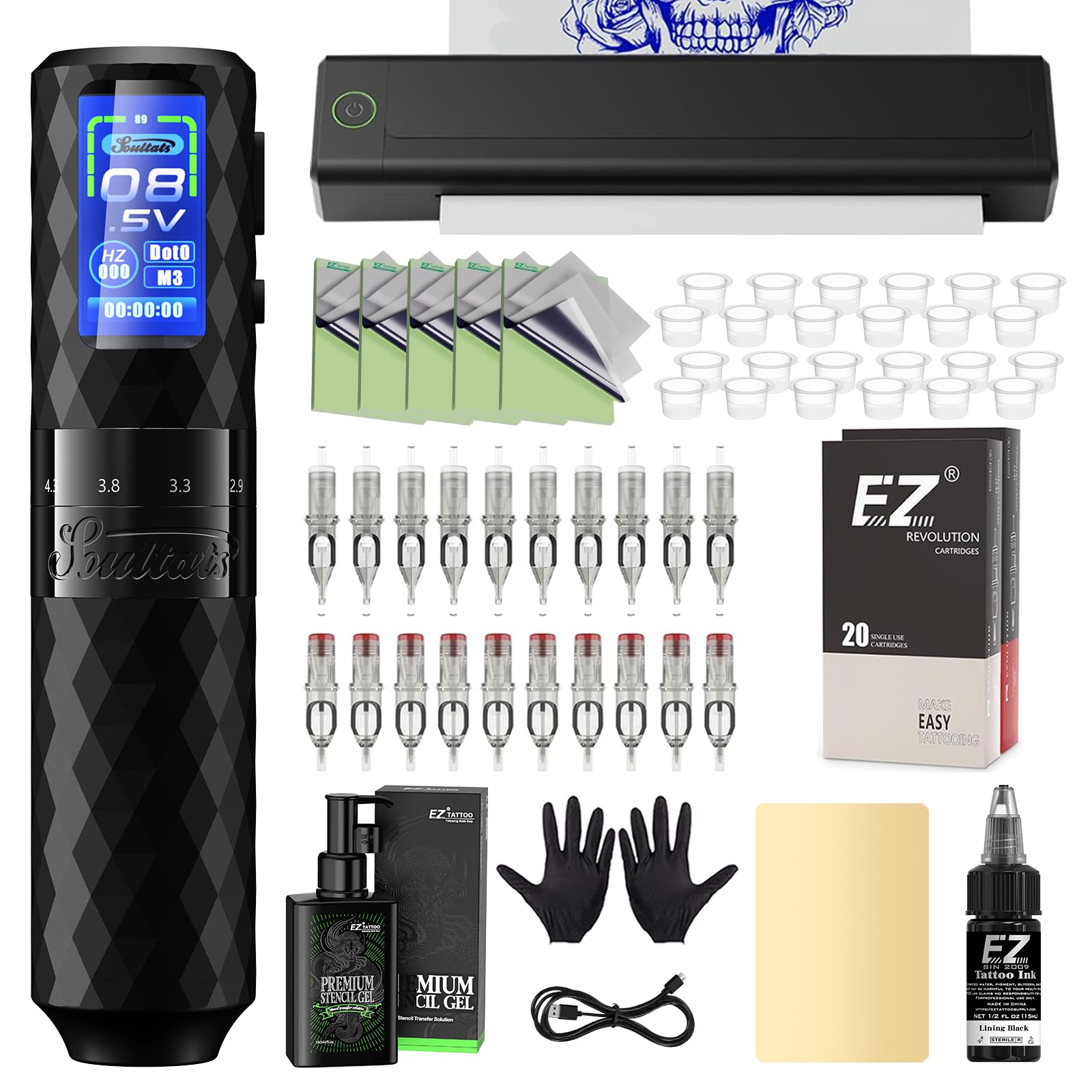 stencil tattoo kit per macchina tatuaggio con 20 aguette