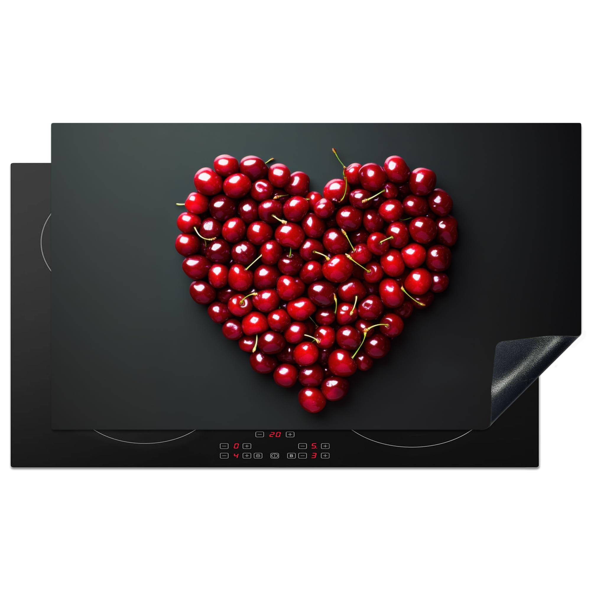 KitchenYeah© Induction Hob Protector Mat 20.3"x35.3" / 89.6x51.6 cm Stove Cap Top Cover Kitchen Cooker Covers for Electric Hobs Vinyl Cherries - Heart - Red - Black