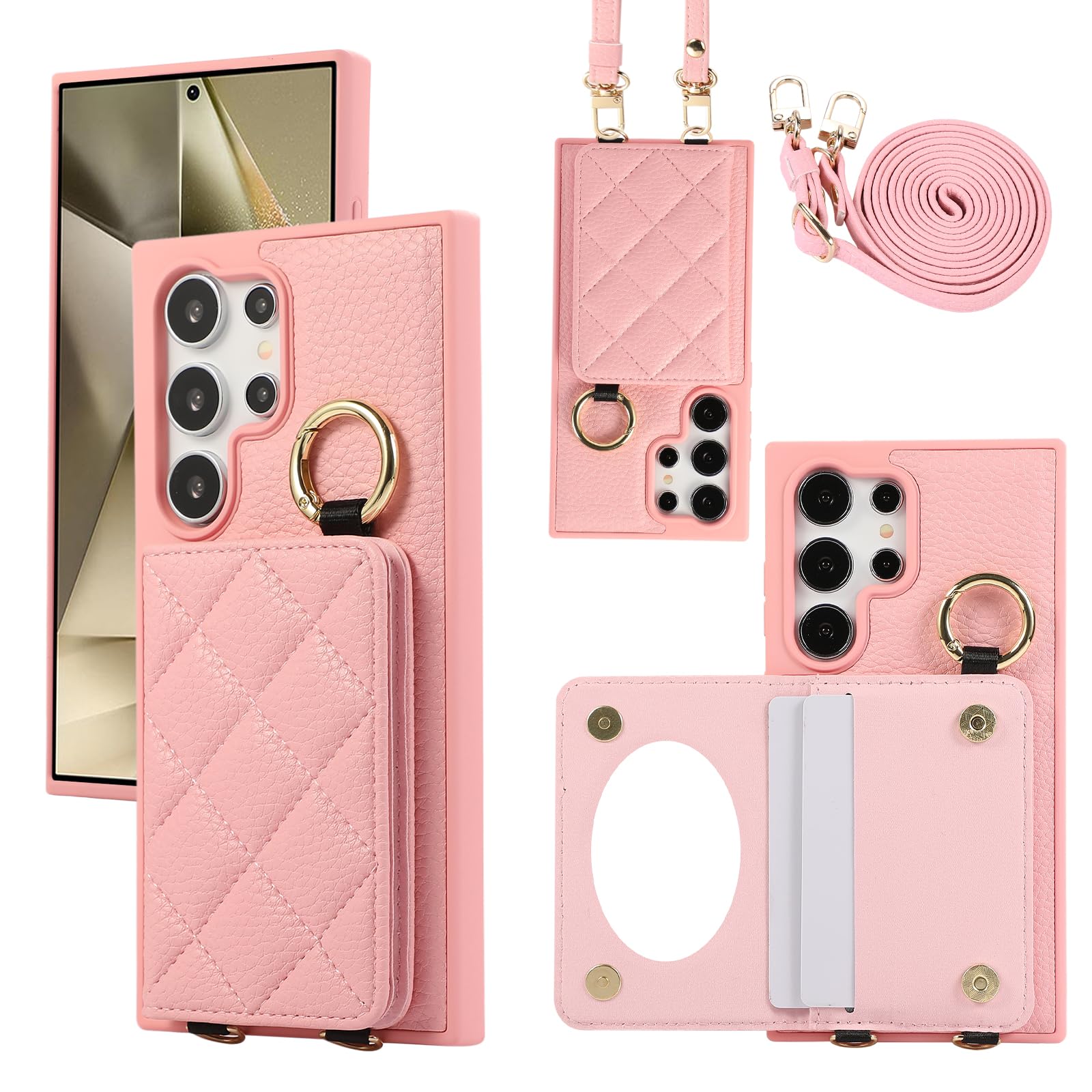 YDIJCYAN Handyhülle für Samsung Galaxy S25 Ultra Hülle mit Band+Ring+Schminkspiegel Stoßfest Handy Schutzhülle (Roségold)