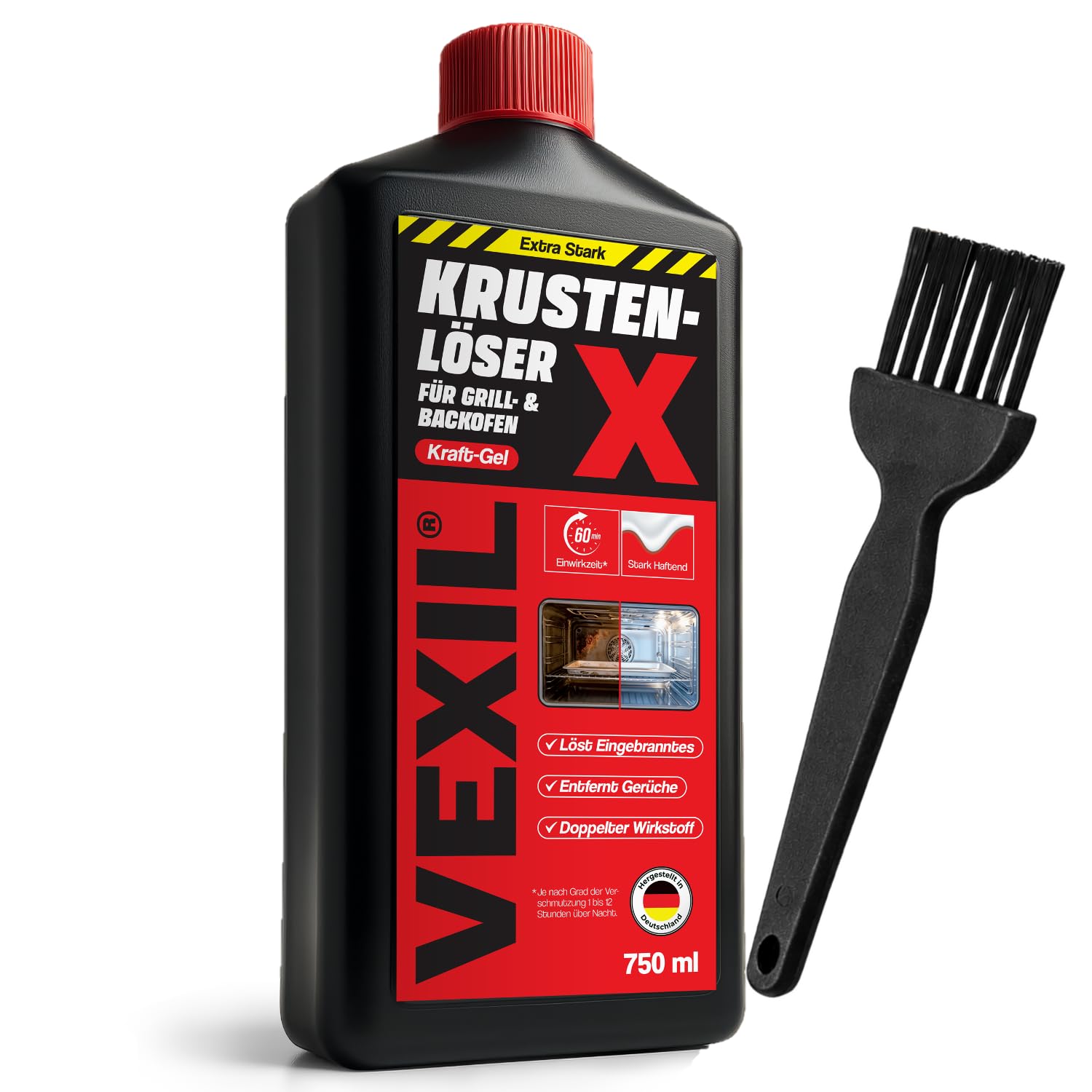 VEXIL Backofenreiniger EXTRA STARK + Pinsel – Doppelter Wirkstoff gegen Eingebranntes – hochkonzentriertes Haftgel – Grillreiniger & Fettlöser – für Backofen & Grill – 750 ml – Made in Germany