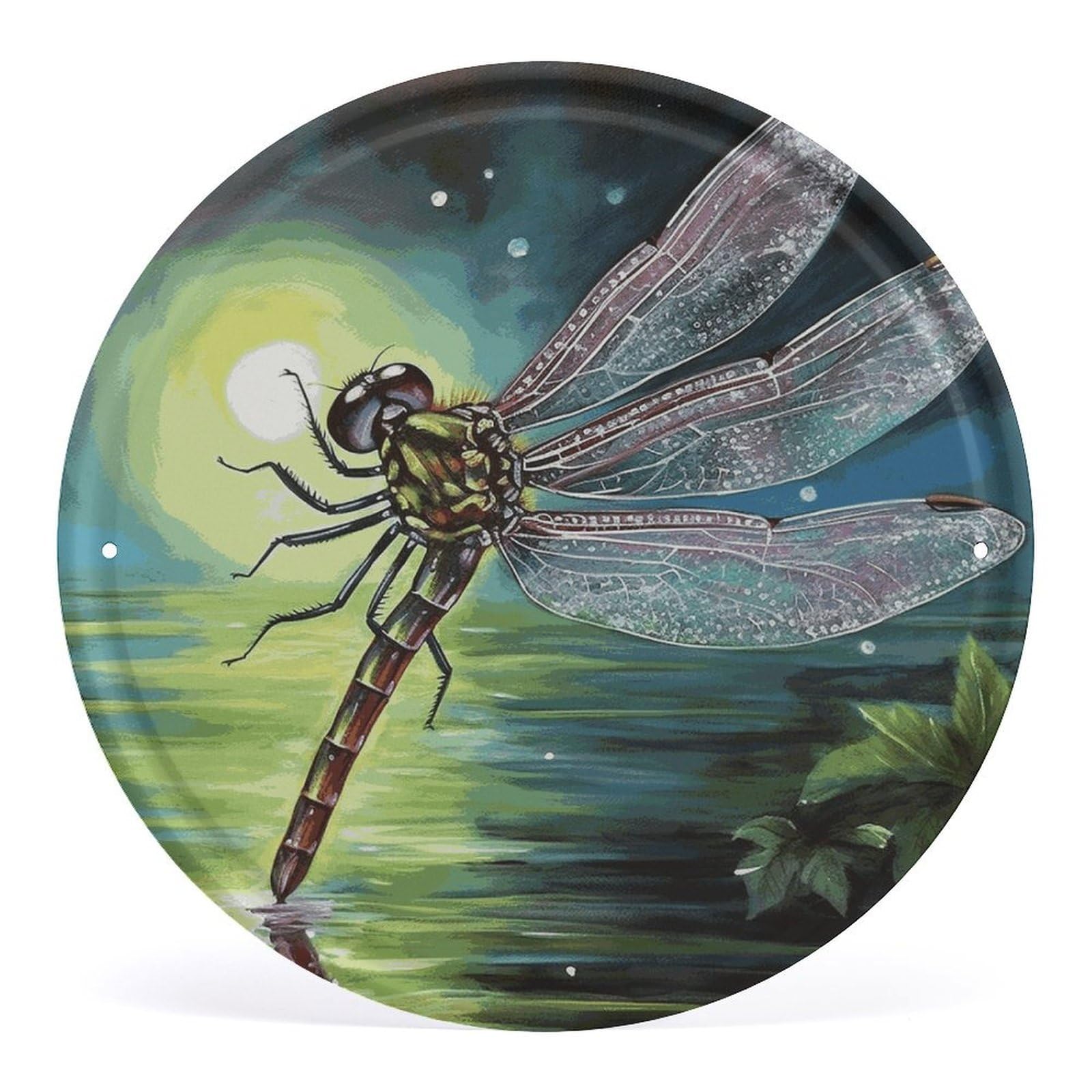 Fodpand Style Dragonfly Painting Round Wall Art Hanging Decorations, Wall Decor Modern Minimalist Artwork, Tin Sign Hanging Picture For Living Room, Bedroom, Office, Hallway, 11.8X11.8 Inch