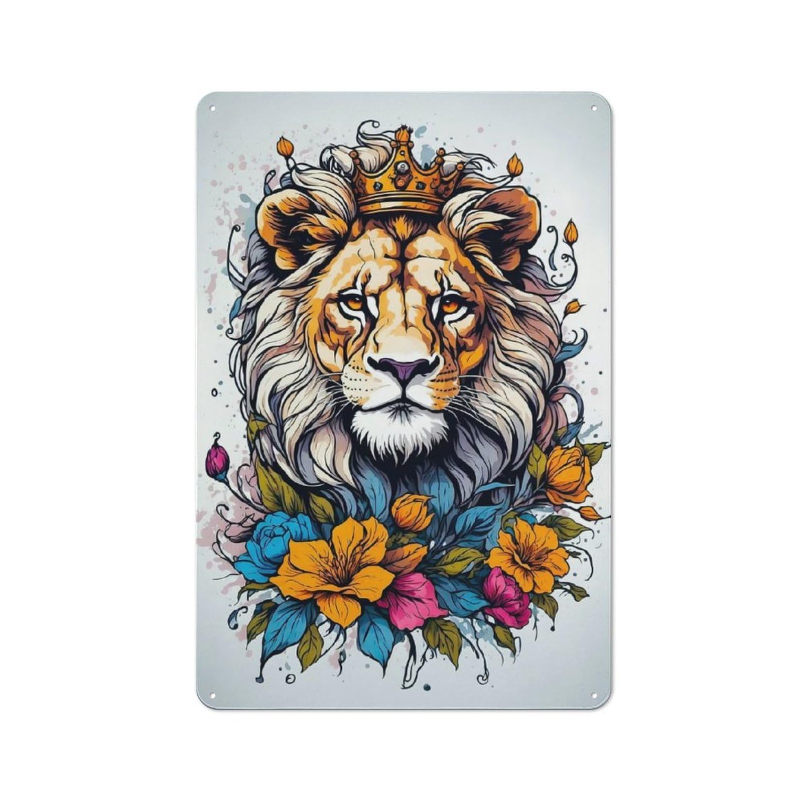 Junmoney Lion Floral Tin Wall Plaque 30X20cm With For Guest Room Or Hallway, For Metal Sign Collectors, For Garage And Workshop Walls