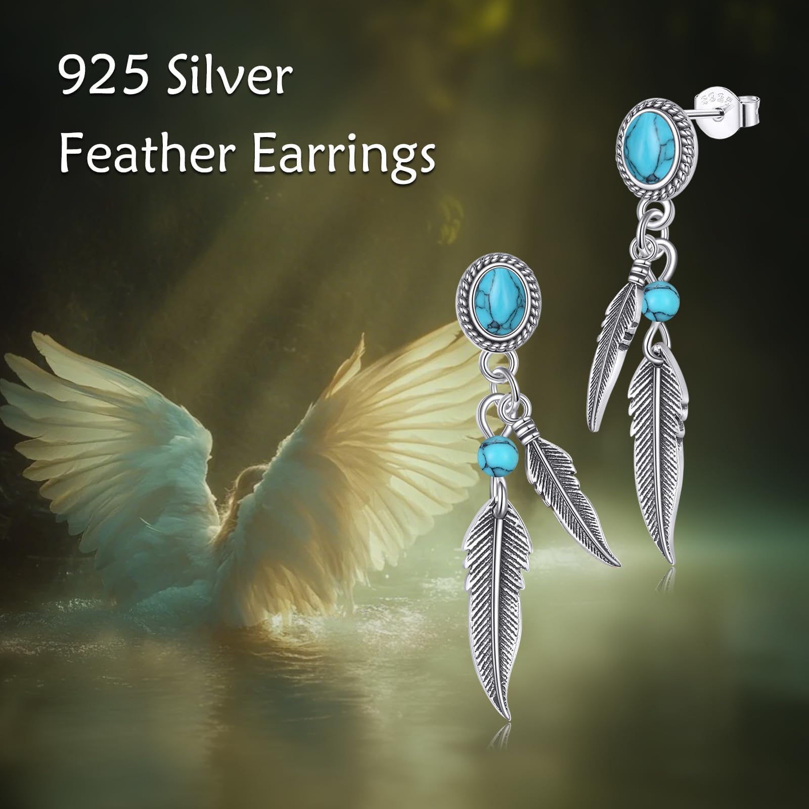 Pendientes de plumas turquesas de plata de ley 925, pendientes de plumas bohemias, joyería occidental para mujer