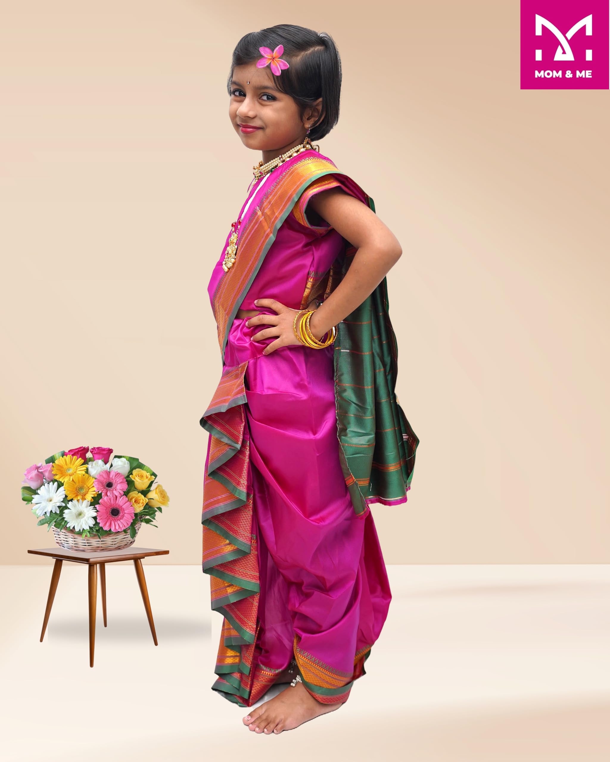 Mom and Me Nauvari Saree for Girls/Baby Girl, Ready to Wear, Marathi Maharashtrian Traditional Saree, Festival Outfit for Puja, Ganpati Festival, School Programs stitch Blouse (Purple, 8-9 Years) - Image 5 thumbnail