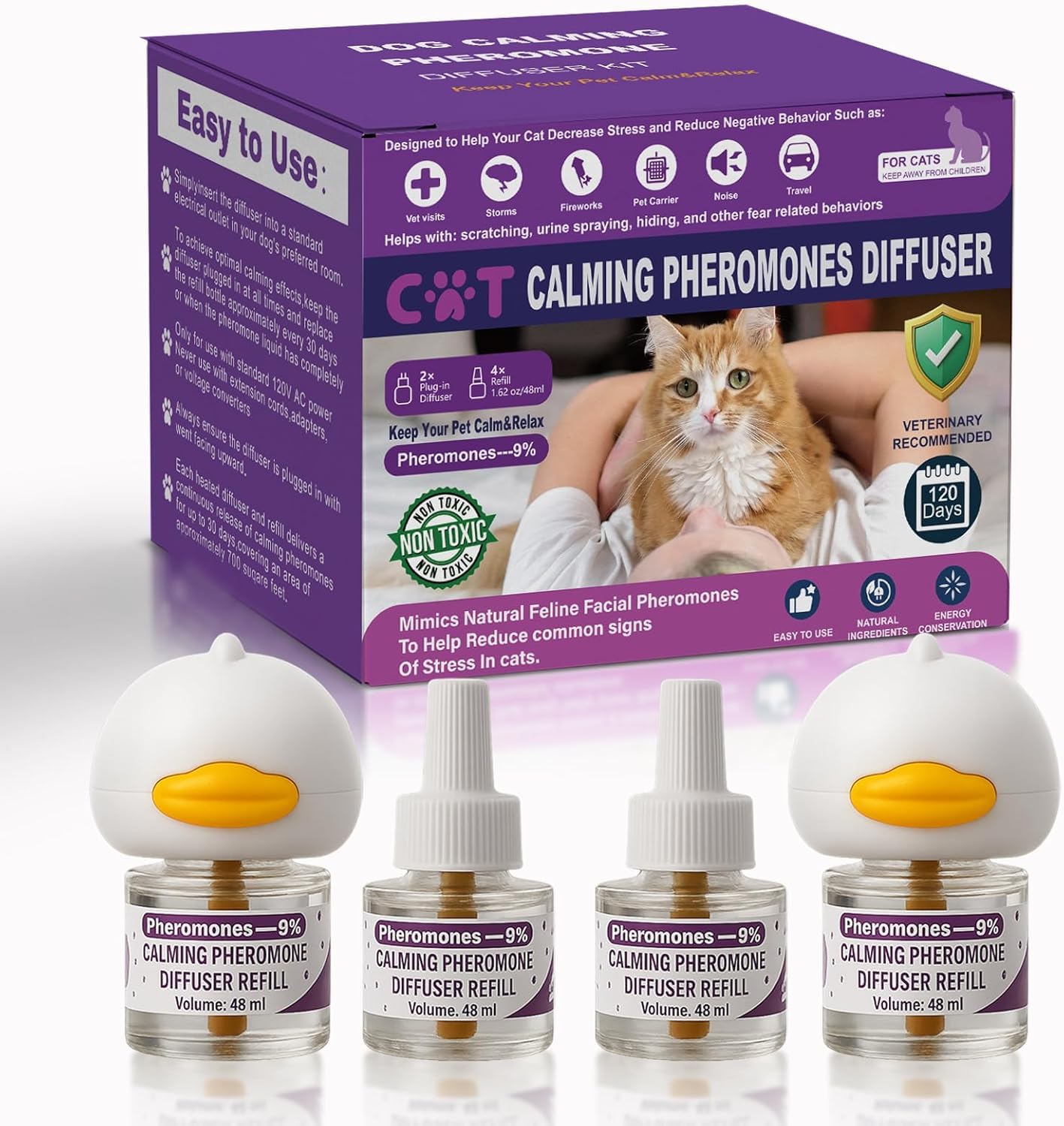 Cat Pheromones Calming Diffuser, Cat Calming Diffuser with 2 Diffusers + 4 Refills, Cat Calming Diffuser Plug in - Relieve Anxiety, 120 Days Starter Kit Long-Lasting Stress Relief for Cats (Purple)