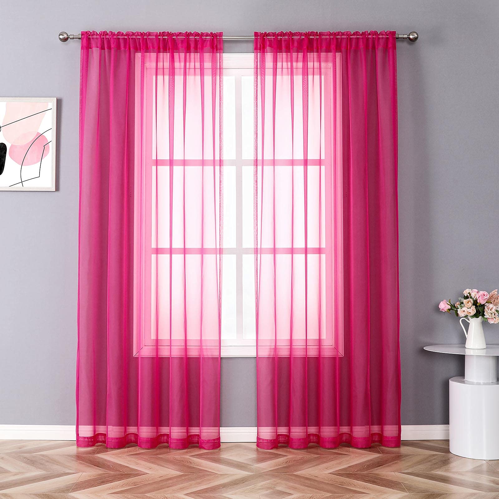 JUSPURBET 2 Pieces Window Sheer Curtains,Luxury Solid Semi Sheer Curtain Panel for Living Room Bedroom Outdoor,59x84 inch,Rose red