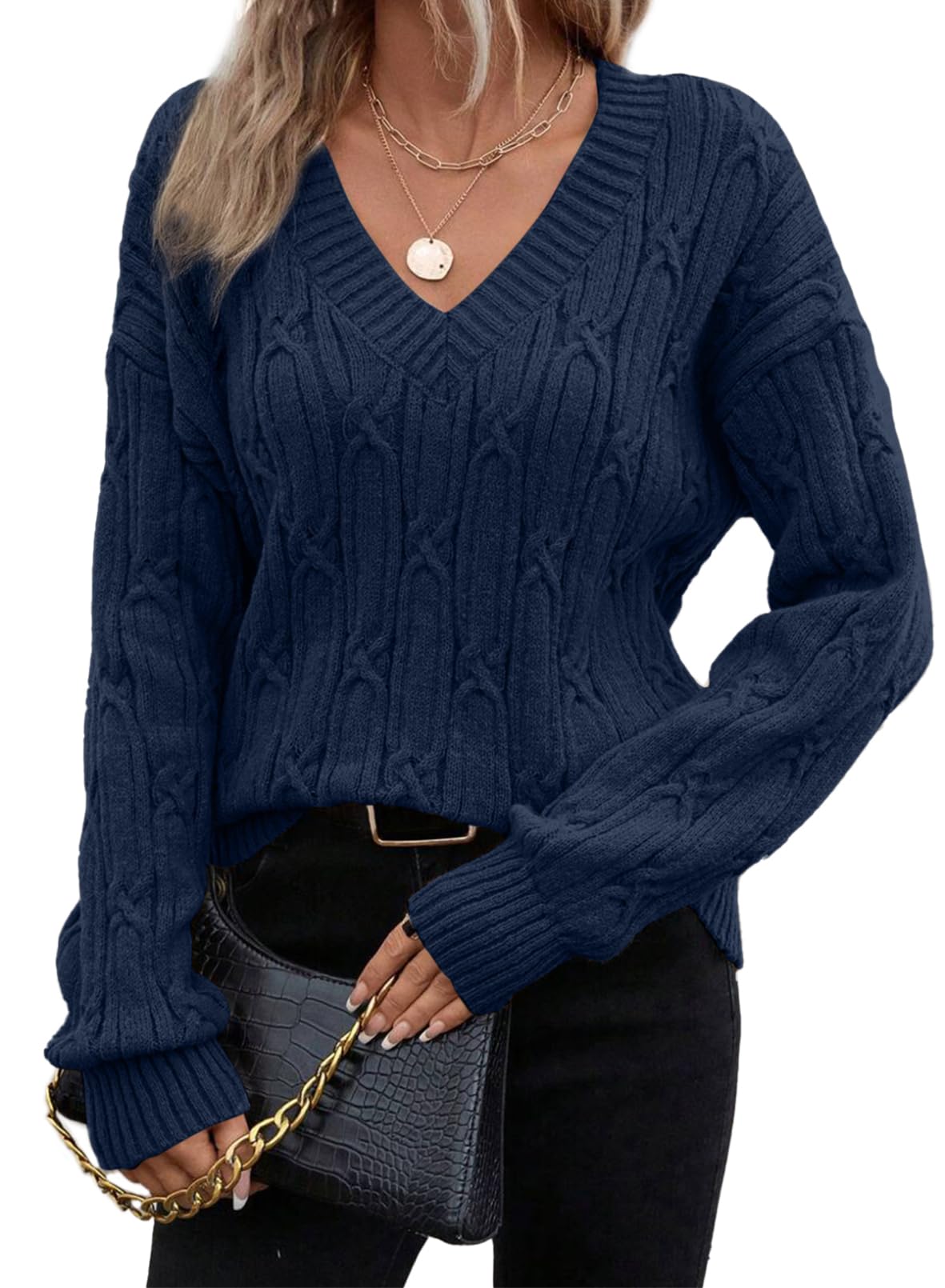 SHEWIN Womens Sweaters Casual V Neck Long Sleeve Cable Knit Crochet Sweater Fall Outfits for Women 2025