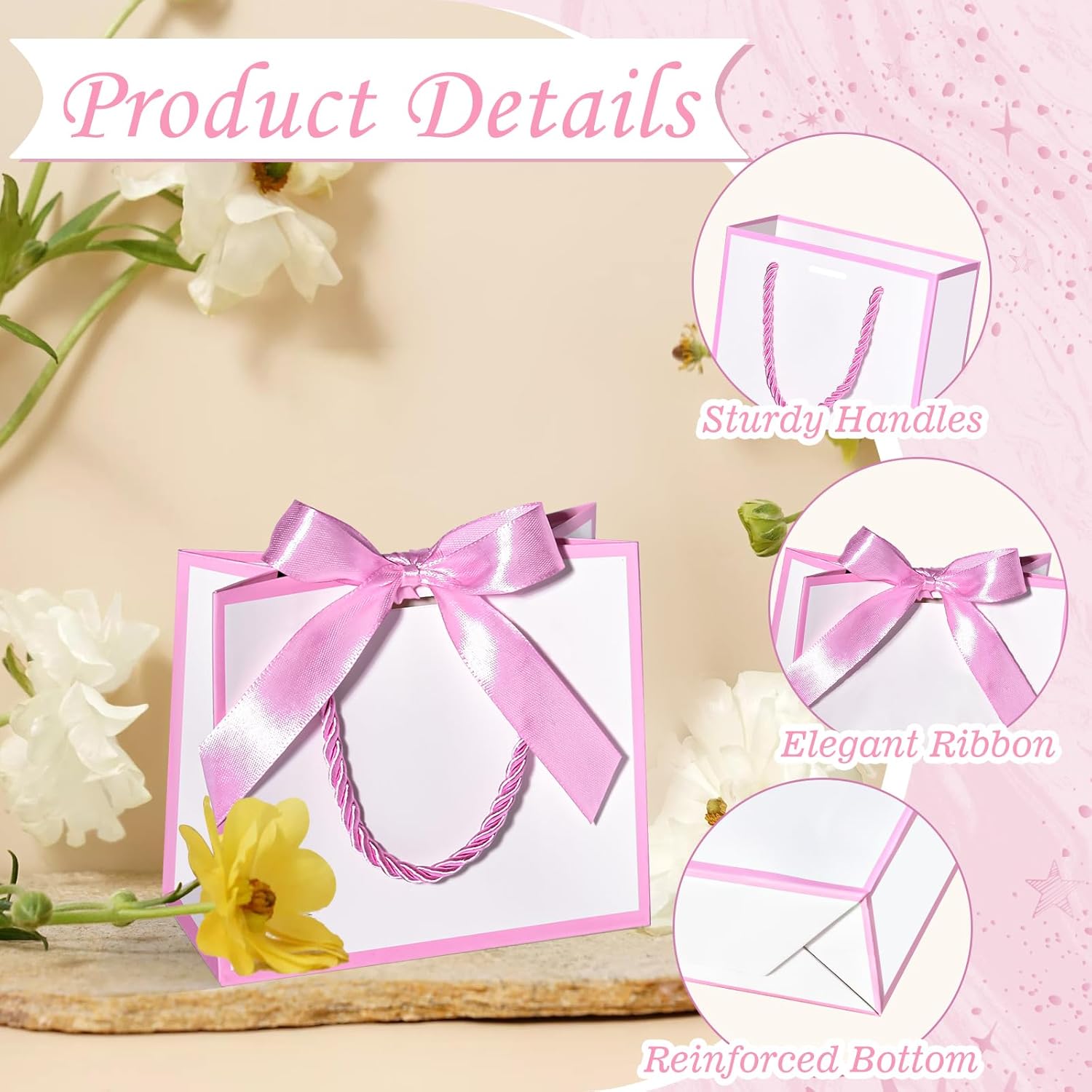 EQOREIIN 50 PCS Small Gift Bags with Handles,White Mini Bag,5.5x 2.5x4.7 Inches Small Thank You Gift Bags Bulk with Ribbon for Party Favors,Mother's Day, Goodie, Weddings,Baby Shower(White Pink) - Image 5