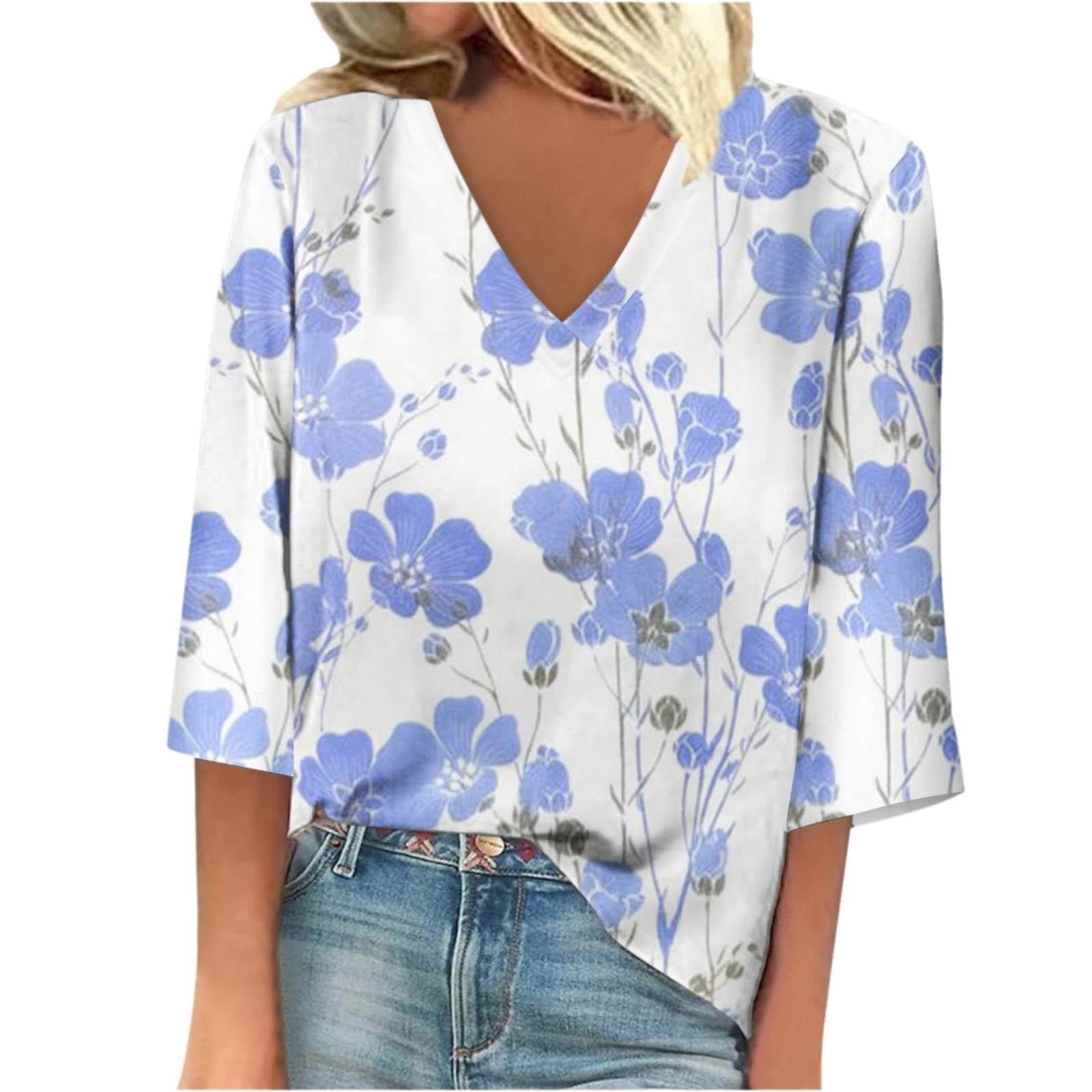 Womens 3/4 Length Sleeve Shirts Summer Lace V Neck Dressy Casual Tops Trendy Vacation Boho Floral Blouses