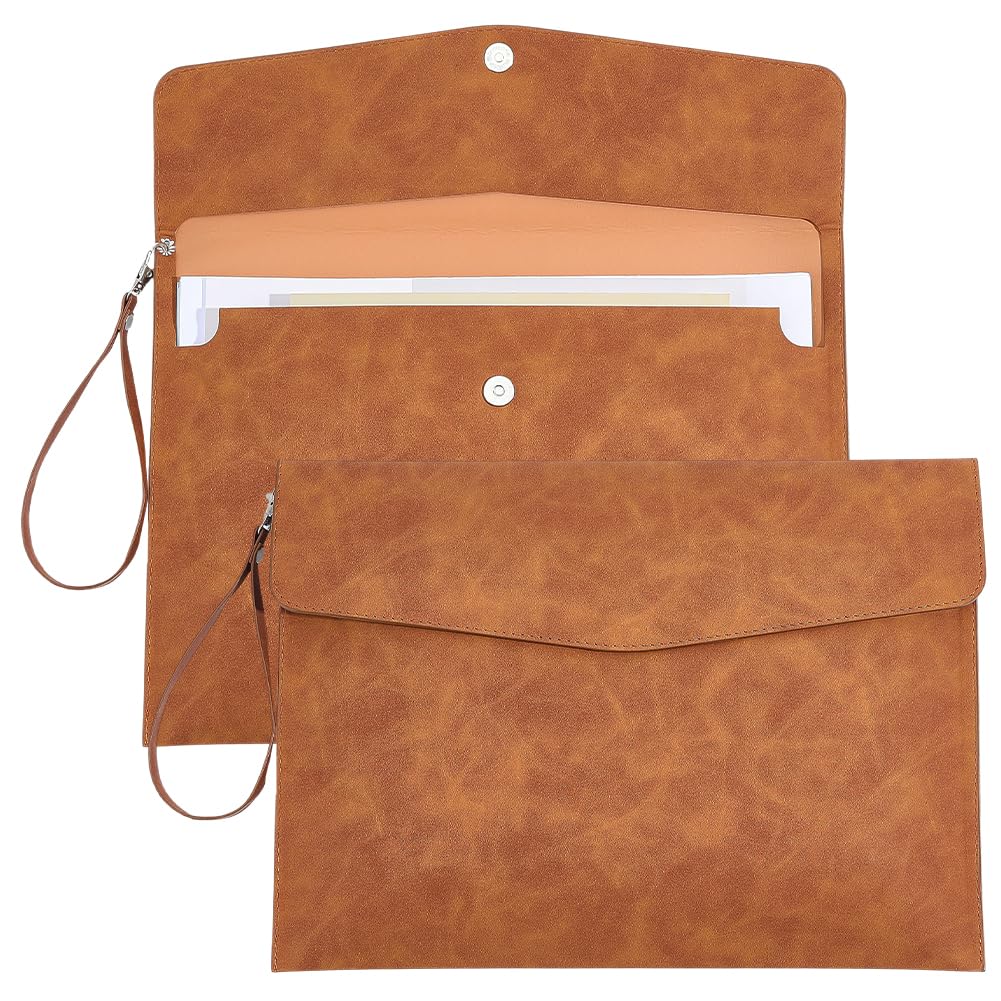 CRASPIRE A4 PU Leather File Folder Envelope Document Case Portfolio Multifunction Brown Bag with Detachable Handle Carrier Waterproof Snap Closure Organizer Paper Letter Tablet Contract Stationery