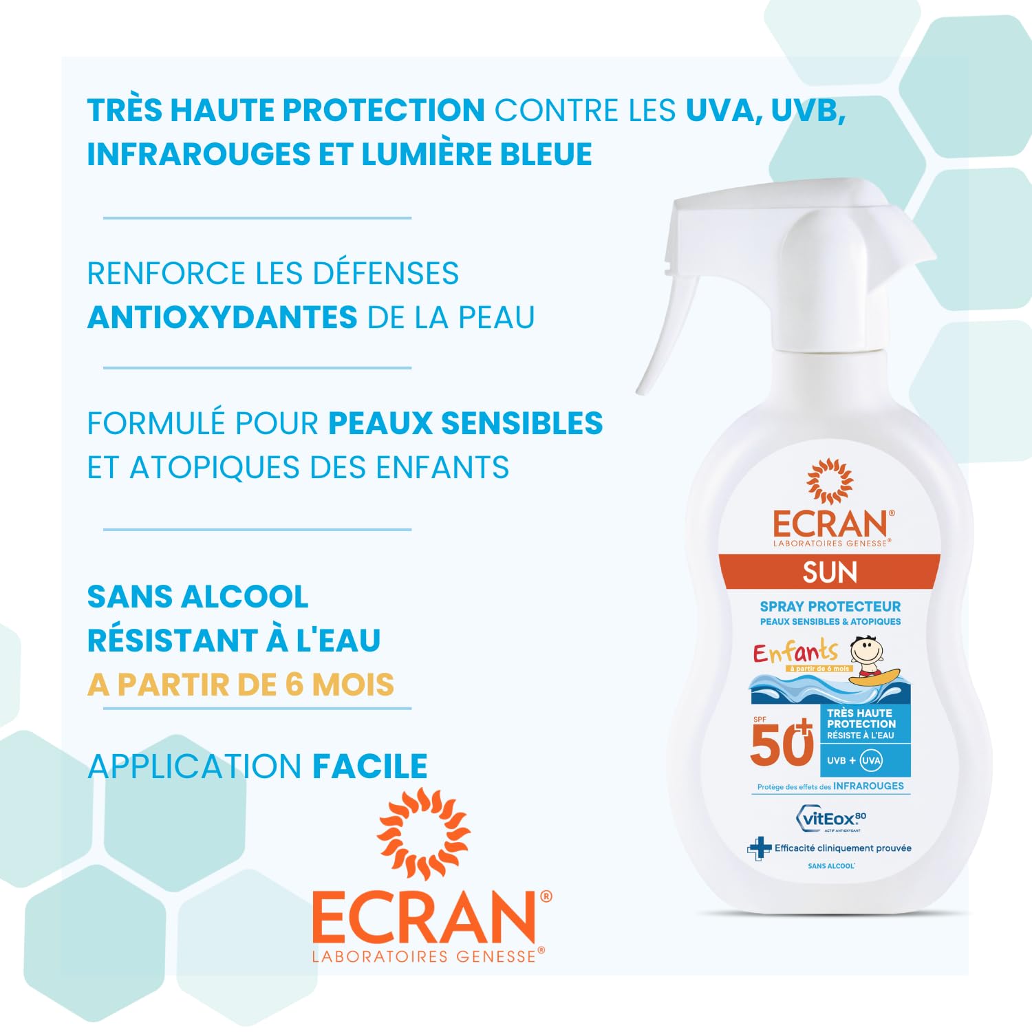 ECRAN® - Pistolet Protecteur Enfant - Très Haute Protection - Technologie vitEox80 - Vitamine E - Protection UVA, UVB, Lumière Bleue, Coups de Soleil - Protection Solaire SPF 50+ - Résistant à l'eau