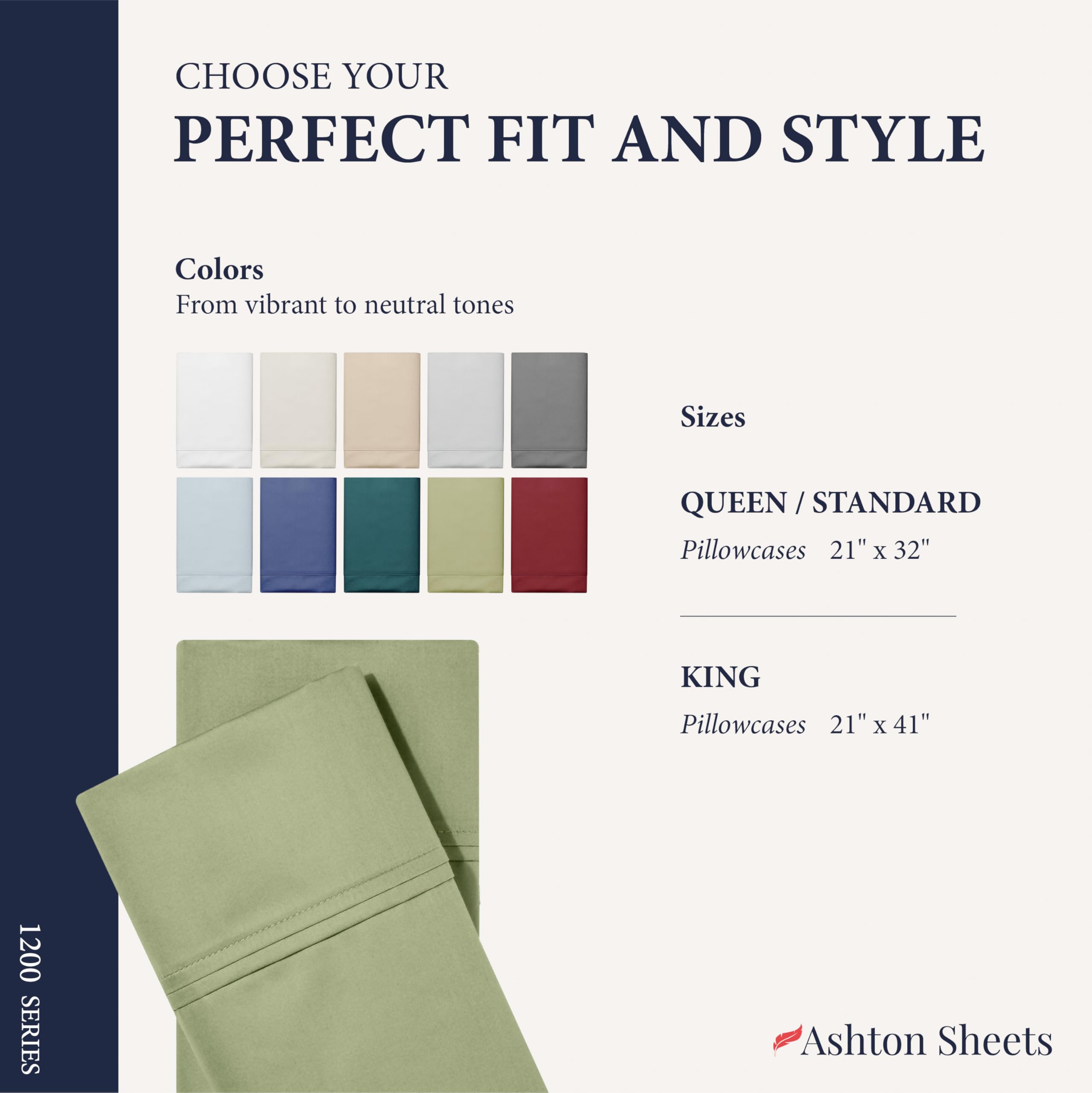 Ashton Sheets Juego de 2 fundas de almohada de algodón egipcio 100 % de tamaño estándar/Queen, fundas de almohada de lujo de la serie 1200 Signature Collection (verde salvia), fundas de almohada de