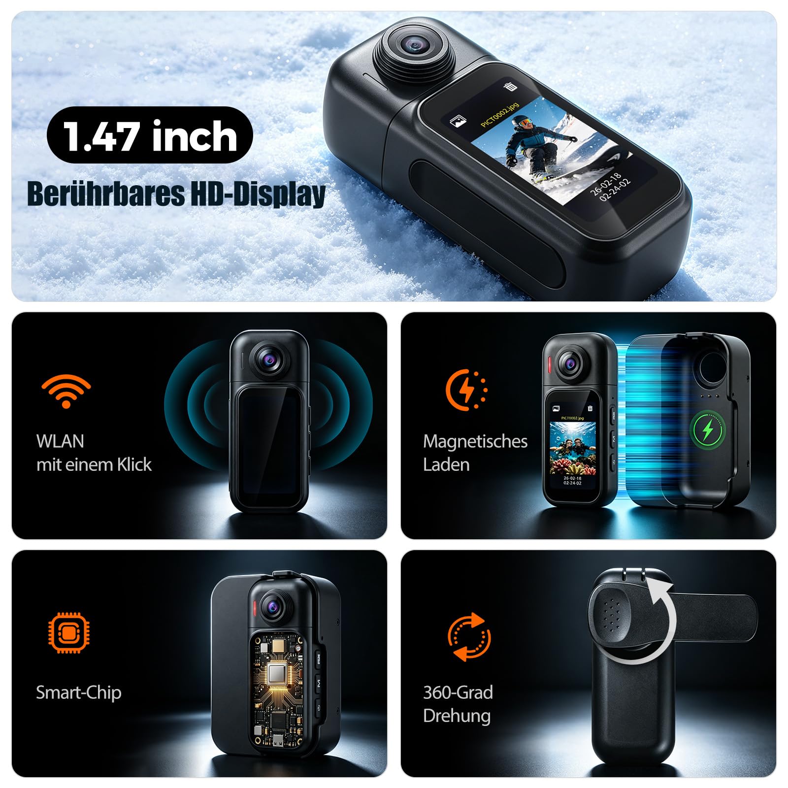 AIKER 4K Mini Action Cam,NEU Upgraded WiFi Bodycam-Ultra-Hd-Bildqualität/6-Achsen EIS Stabilisierung/ 1600mAh Ladecase/7 Stunden Akkulaufzeit/150° Weitwinkel Vlog Kamera für Motorrad/Reisen/Haustiere