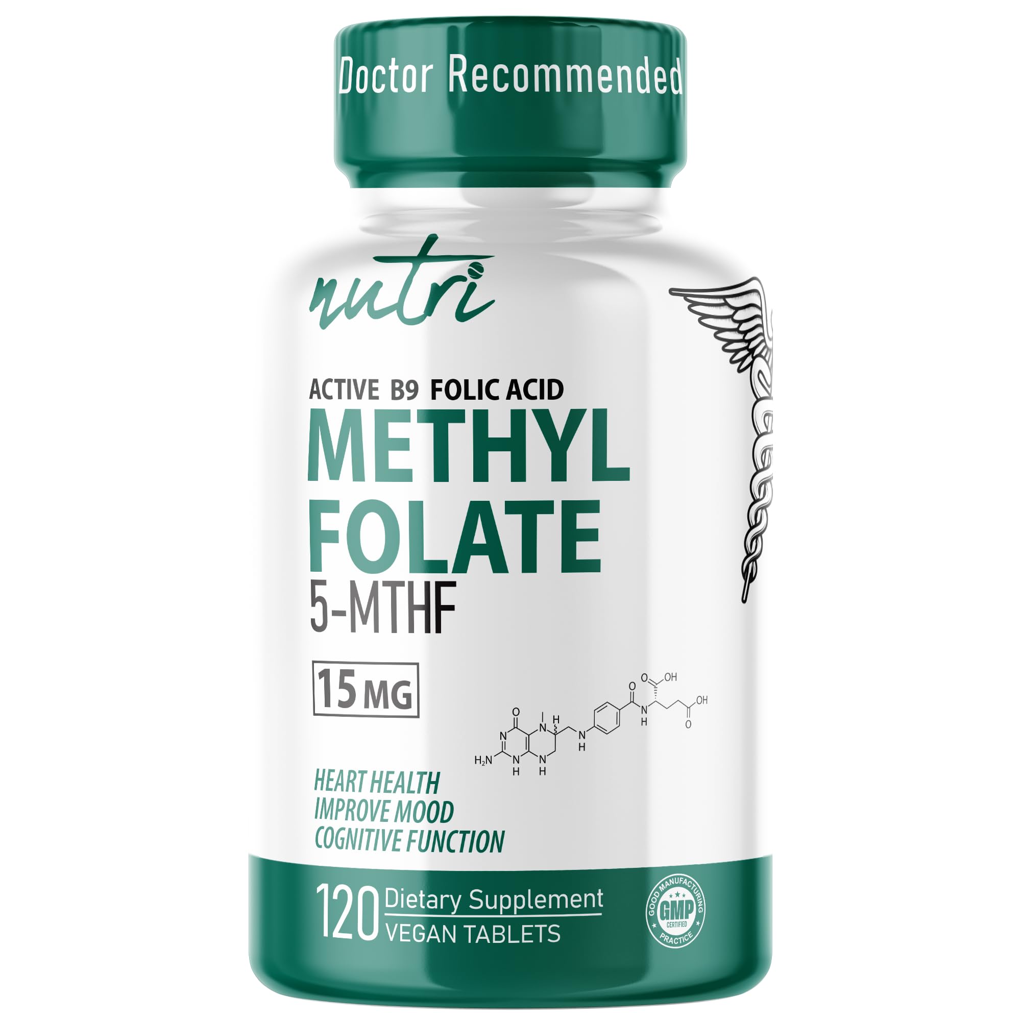 Nutri 5-MTHF L Methylfolate 15MG - 4 Month Supply, 120 Vegan Tablets - Methylated Folate Supplement - Cognitive Function, Heart Health, Prenatal Support - Methylated Folic Acid - 3rd Party Tested