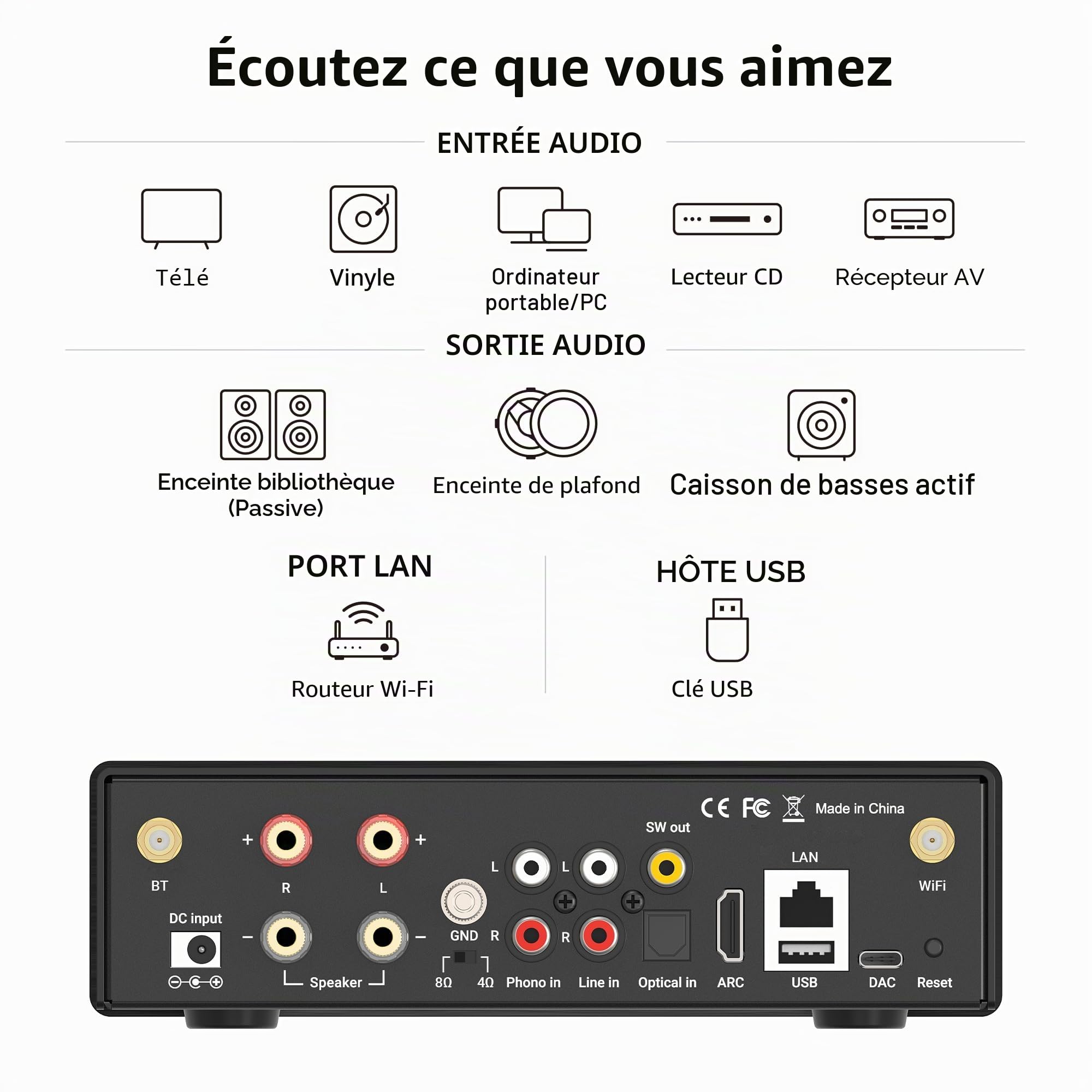 Arylic H50 Amplificateur Wi-FI Hi-FI Multiroom avec Bluetooth aptX HD, HDMI Arc, AirPlay et Spotify Streaming pour Musique Domestique sans Fil. Prend en Charge la Transmission et la réception de