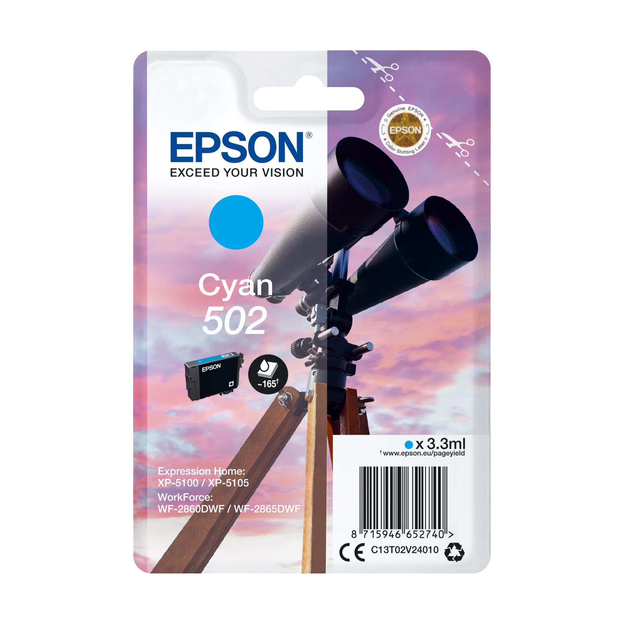 Epson Original 502 Tinte Fernglas Singlepack Cyan Standard, XP-5100 XP-5105 XP-5150 XP-5155 WF-2860DWF WF-2865DWF WF-2880DWF WF-2885DWF, ReadyPrint Flex-Tintentarife