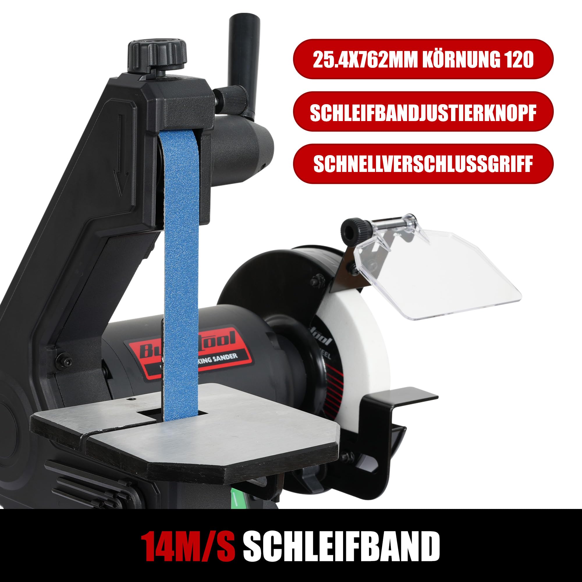 BUCKTOOL Bande abrasive et disque abrasif combiné de 250 W, bande de 25,4 x 762 mm et disque de 150 mm, rangement des clés et retrait facile du couvercle de la courroie