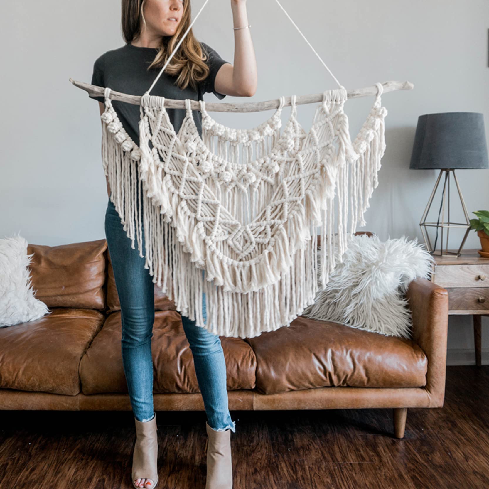 WABMJGW Tapiz de macramé Bohemio para Colgar en la Pared, Tapiz de macramé, Tapiz de Cuerda de algodón, para Colgar en la Pared, para Dormitorio, Sala de Estar, Color Beige, 120 x 100 cm