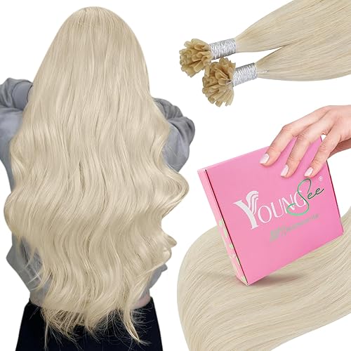 YoungSee U Tips Hair Extensions Real Human Hair Blonde U Tip Real Hair Extensions Platinum Blonde Hot Fusion Hair Extensions Human Hair Blonde K Tip Hair Extensions Human Hair for Women 16In 1G/S 50G