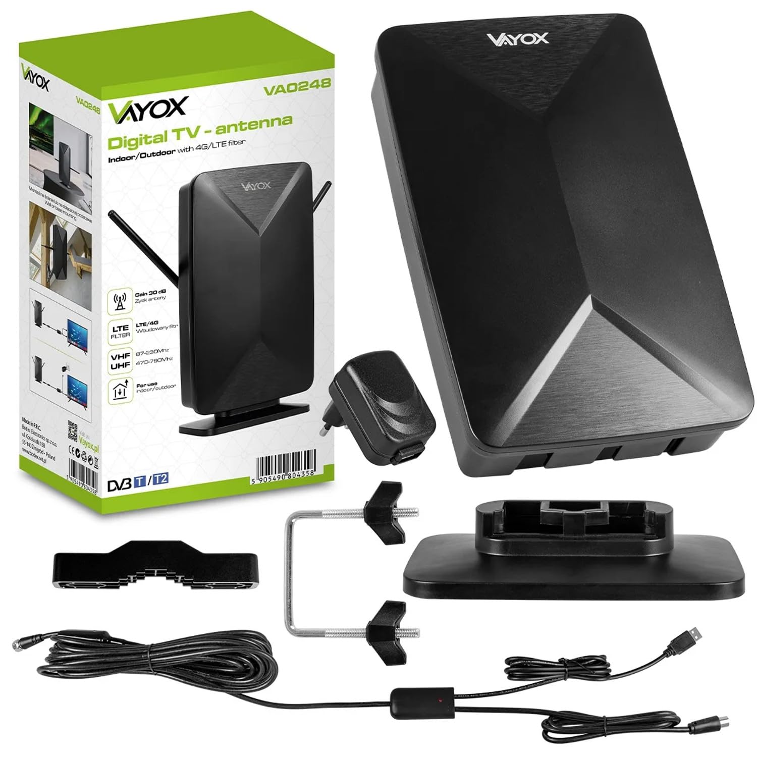 Antenna attiva, da interno, da esterno, DVB-T2, TV terrestre 4K, Vayox
