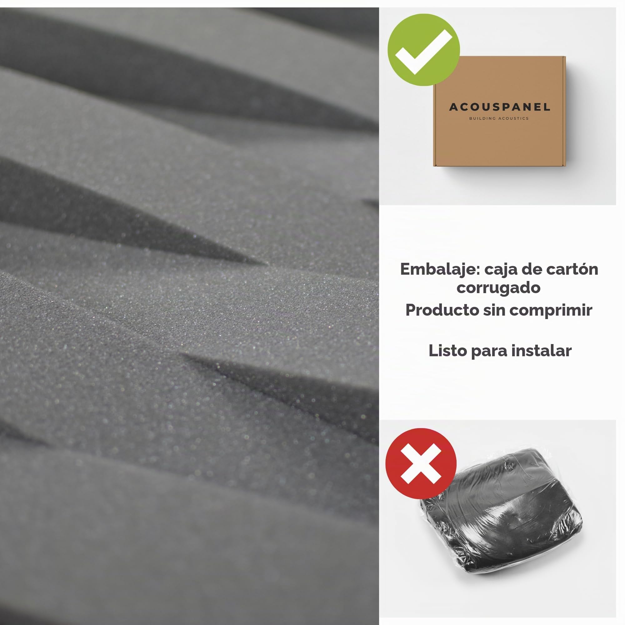 ACOUSPANEL Paneles Acústicos Decorativos de Espuma Acústica 24 Unidades 595x75x75 mm sin Comprimir para Gaming Podcast Youtubers Home Studio Color Gris Antracita