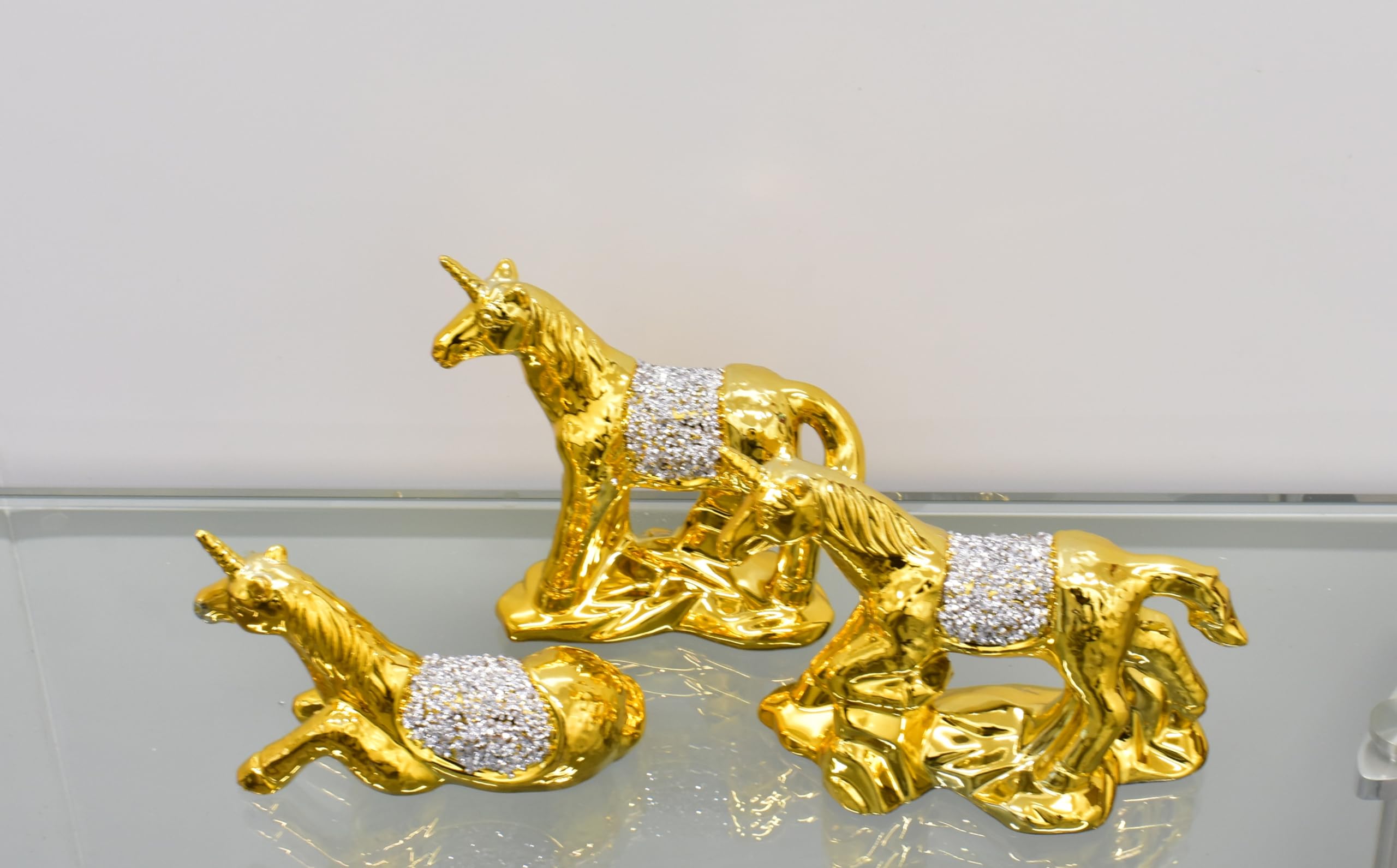 Biznest Gold Xl Set Of 3 Unicorn Sparkle Bling Ornament Crushed Diamond, Home Decor Shelf Sitter (Gold)