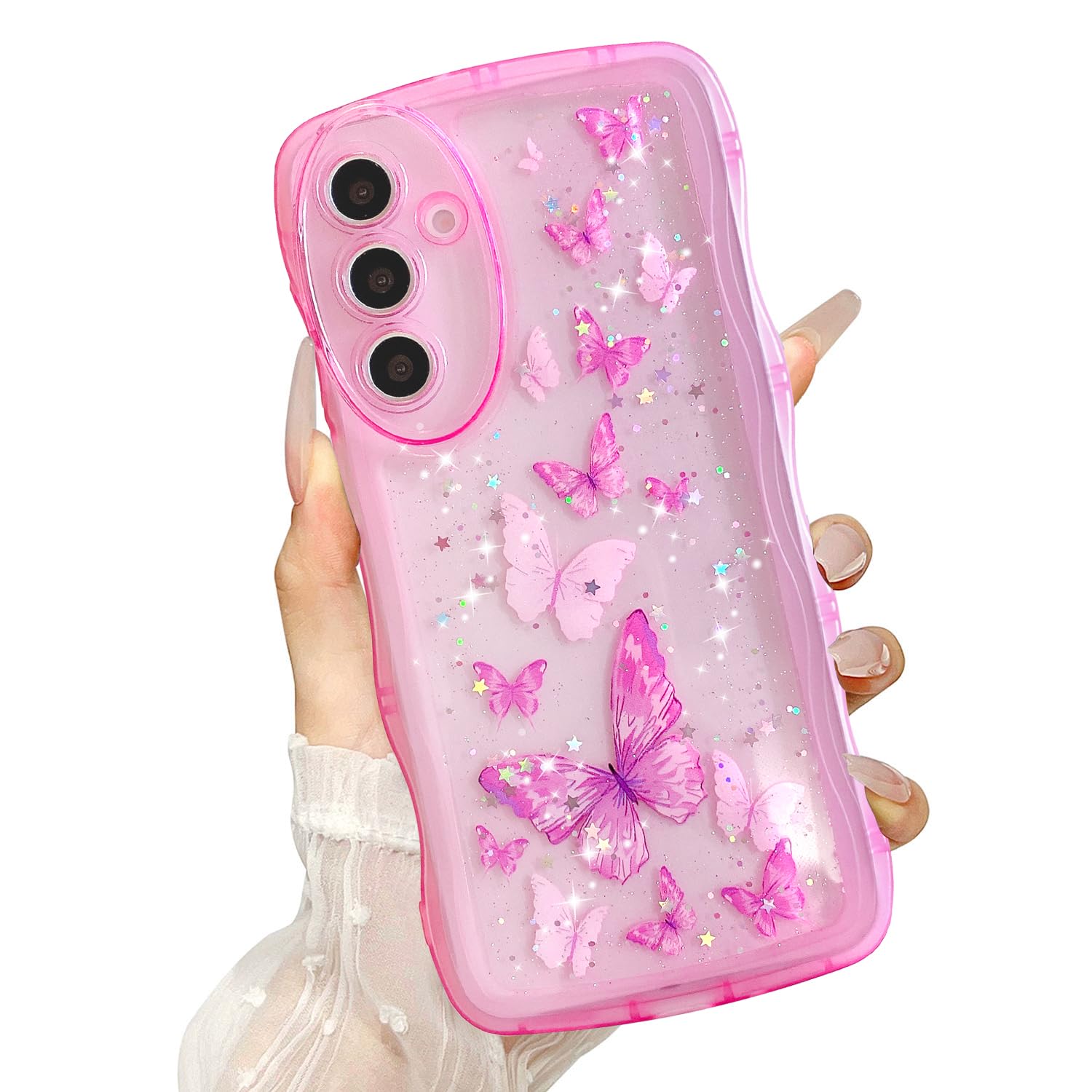 UEEBAI Wave Butterfly Case for Samsung Galaxy A15 4G/5G Case, Pretty Bling Star Butterfly for Women Cute Shiny Glitter Phone Cover for Girls Bling
