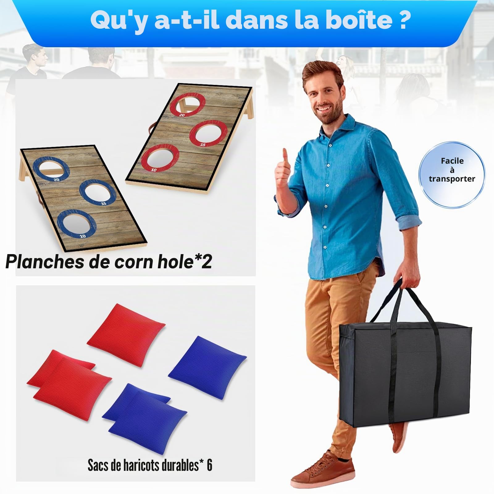NZQXJXZ Cornhole Jeu Complet, 60 x 35cm Planches à Trous de Maïs de Qualité | Supérieure en Bois Massif avec 6 Poufs et un Sac de Transport, Ensemble de Jeu de Lancer de Maïs pour Famille et Adultes