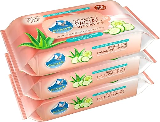 Glider Facial Wipes Enriched with Aloe Vera, Cucumber & Vitamin E | All Types Skin Friendly & pH Balanced | Alcohol & Paraben Free | Moisturizes, Refreshes & Soothes Skin, 25…