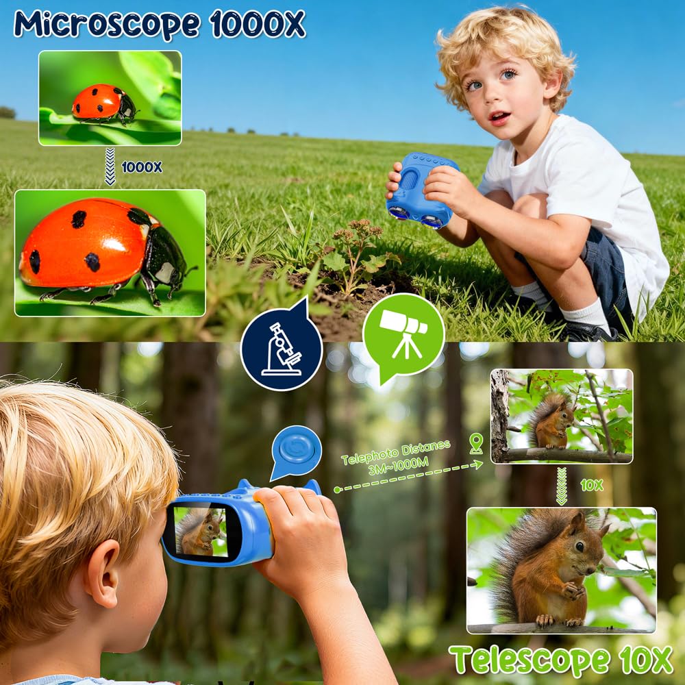 2 in 1 Microscopio Bambini e Telescopio, Temodu Microscopio Digitale da 2.0‘’, Elettronico Portatile Telescopio 10X con 8 luci LED, può essere utilizzato come regalo di compleanno o di Natale (Blue)