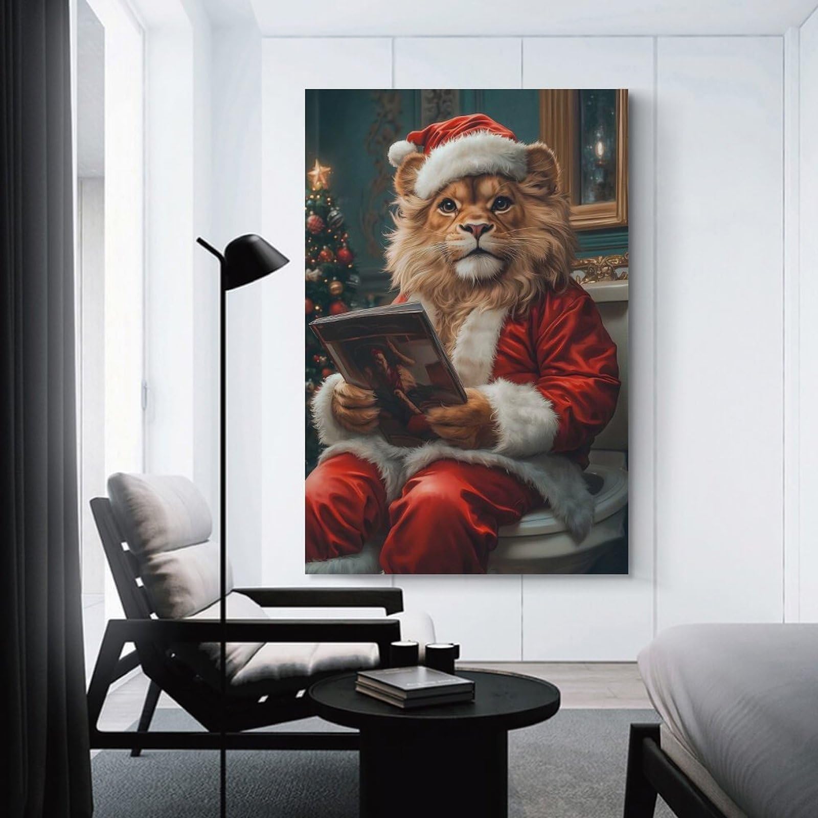 Junmoney Lion Santa Reading Home Decor Wall Art 20x30inch(50x75cm), for Office, Study Or Home Workspace, Home Office Artwork with Decorative Appeal