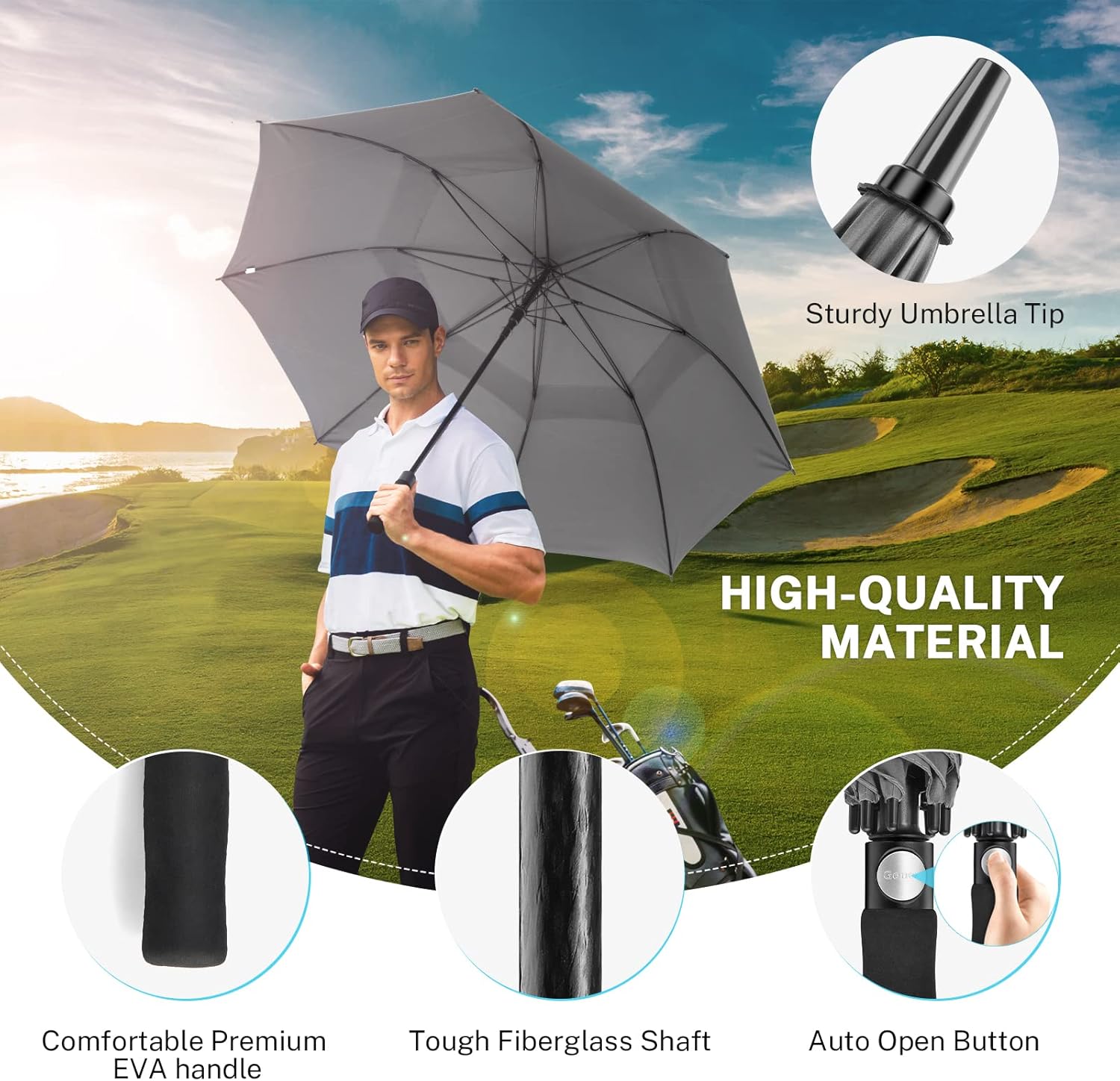 Gonex 54/62/68/72/80 Inch Extra Large Golf Umbrella, Automatic Open Travel Rain Umbrella with Windproof Water Resistant Double Canopy, Oversize Vented Umbrellas for 2-3 Men and UV Protection, Multiple Colors - Image 2