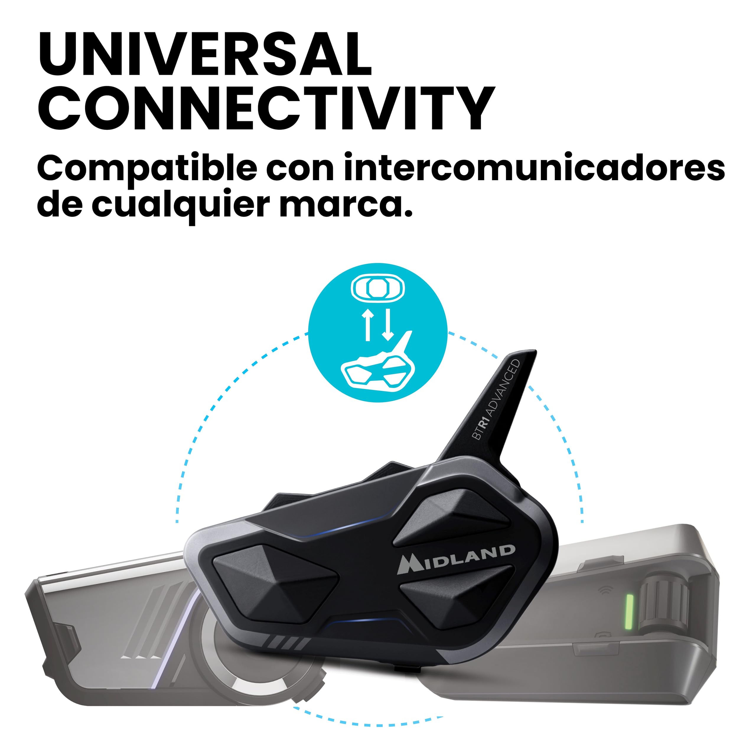 Midland - Intercomunicador Casco Moto BTR1 Advanced Twin Único, Auriculares Moto Inalámbricos Bluetooth IPX6, 1,2Km, 4 Personas Conferencia, Batería 23H, Cancelación Ruido, Audio HD, Conforme ECE2206