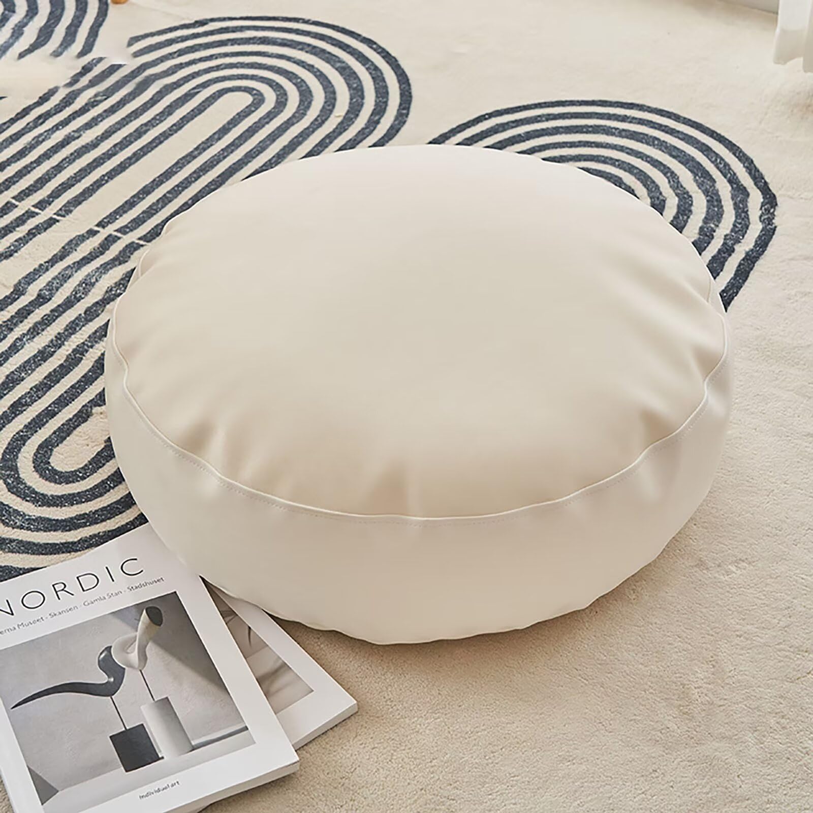 Coussin de sol pour jardin et terrasse imperméable beige rond avec poignée