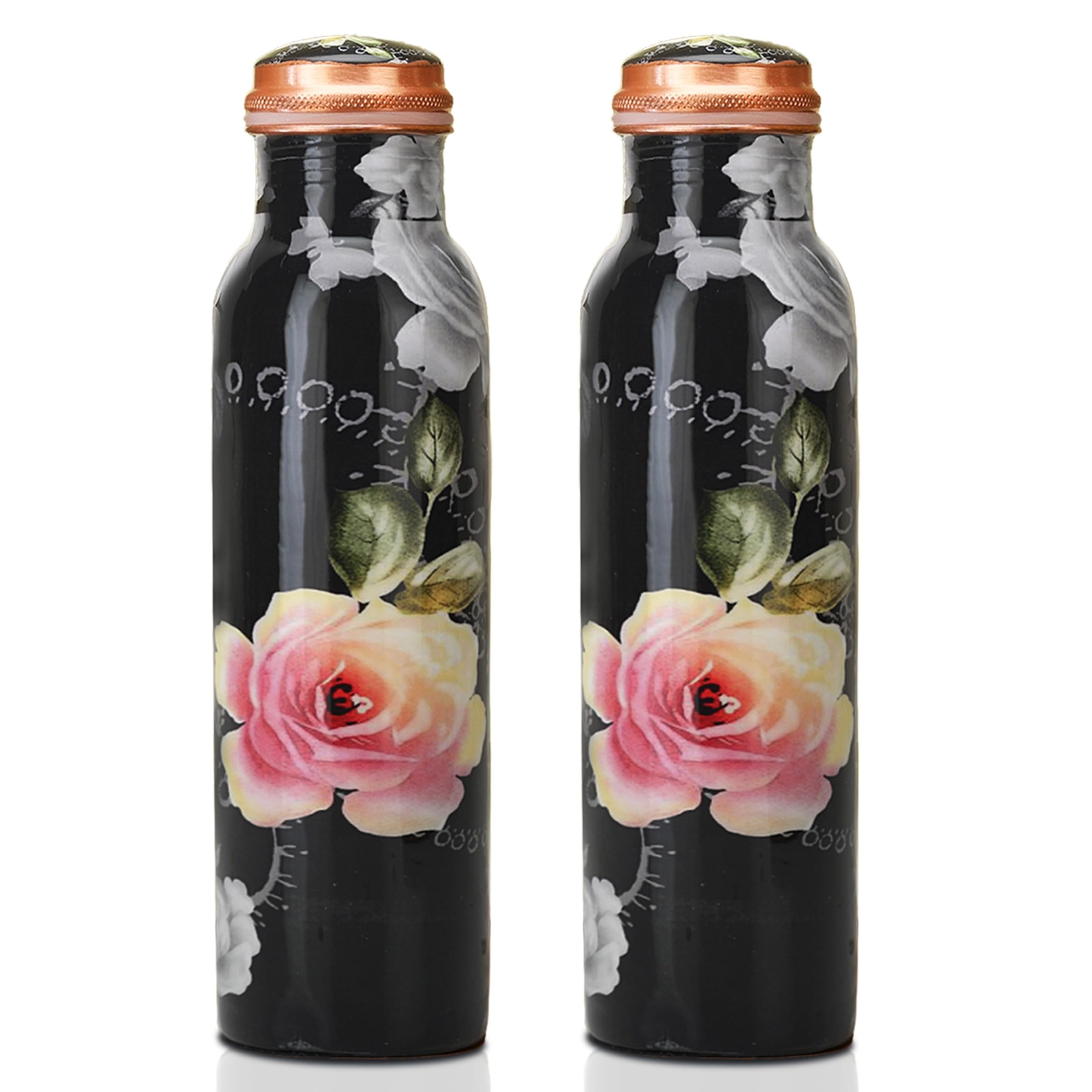 FURNISHFUL FINESSE Pure Copper Water Bottle, (34 Oz) Handcrafted Rose Floral Printed Drinking Bottles, Leakproof, Seamless Ayurvedic Copper Vessels for Yoga, Gym & Office-Pack of 2, 1000ml โ image 1