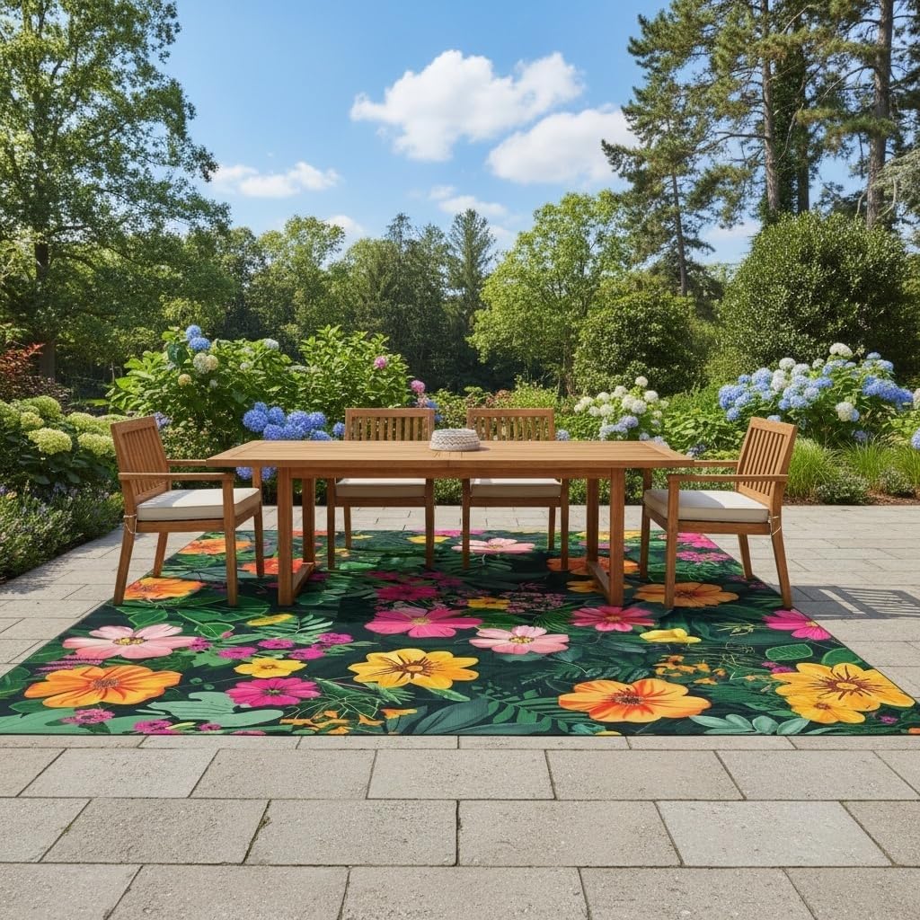 Botanical Floral Outdoor Rug 4x6 Dark Green Orange Pink Flower Texture Rugs for Patio Deck Porch Balcony Camping Waterproof Non Slip Garden Large Carpet Stain Resistant Washable Flowers Outside Mat
