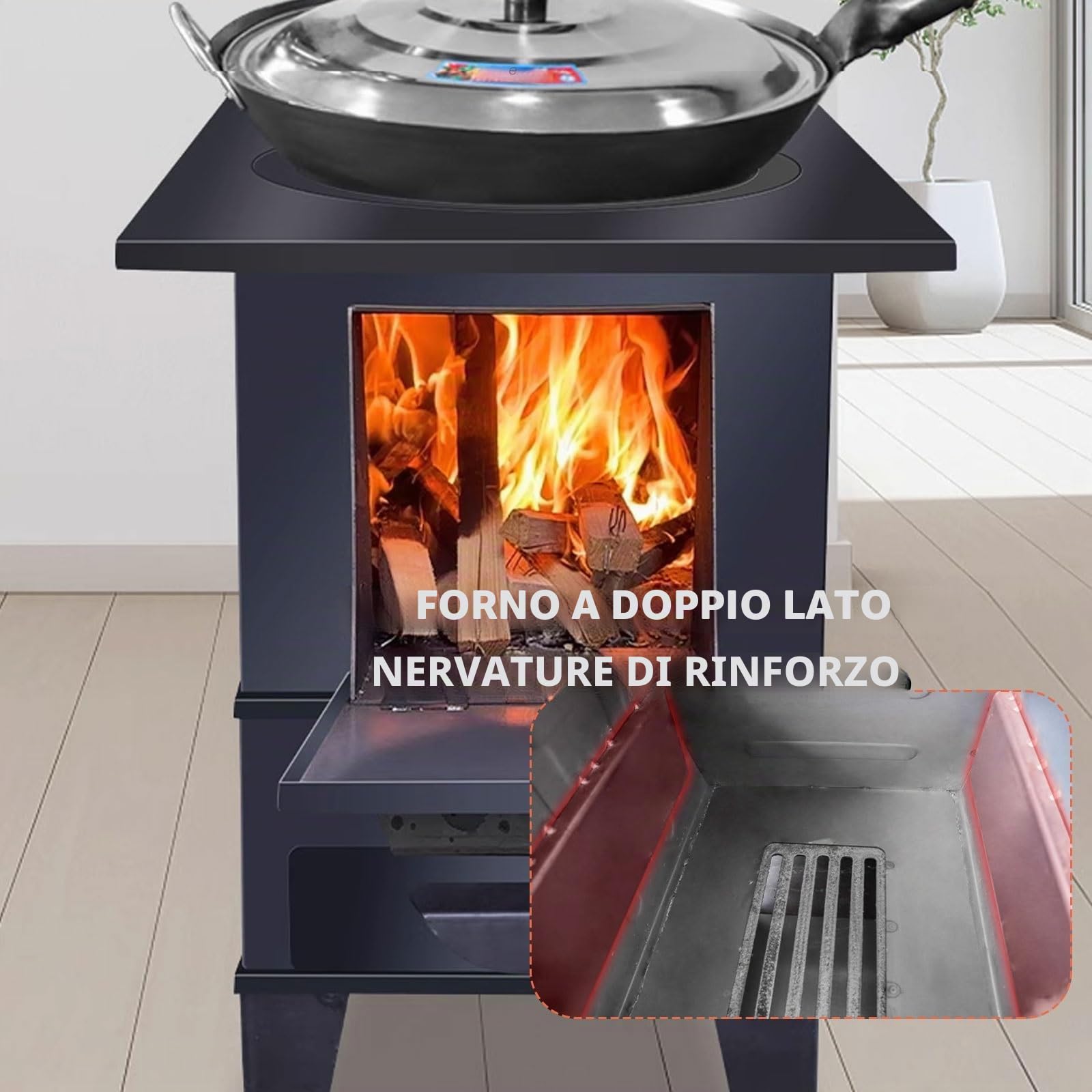 Stufa A Pellet Stufa A Legna Con Forno Struttura in Lamiera D'acciaio Focolare Di Grande Capacità Forno A Legna Include Camino, Gancio E Pinza(50.5 * 30.5 * 41cm)